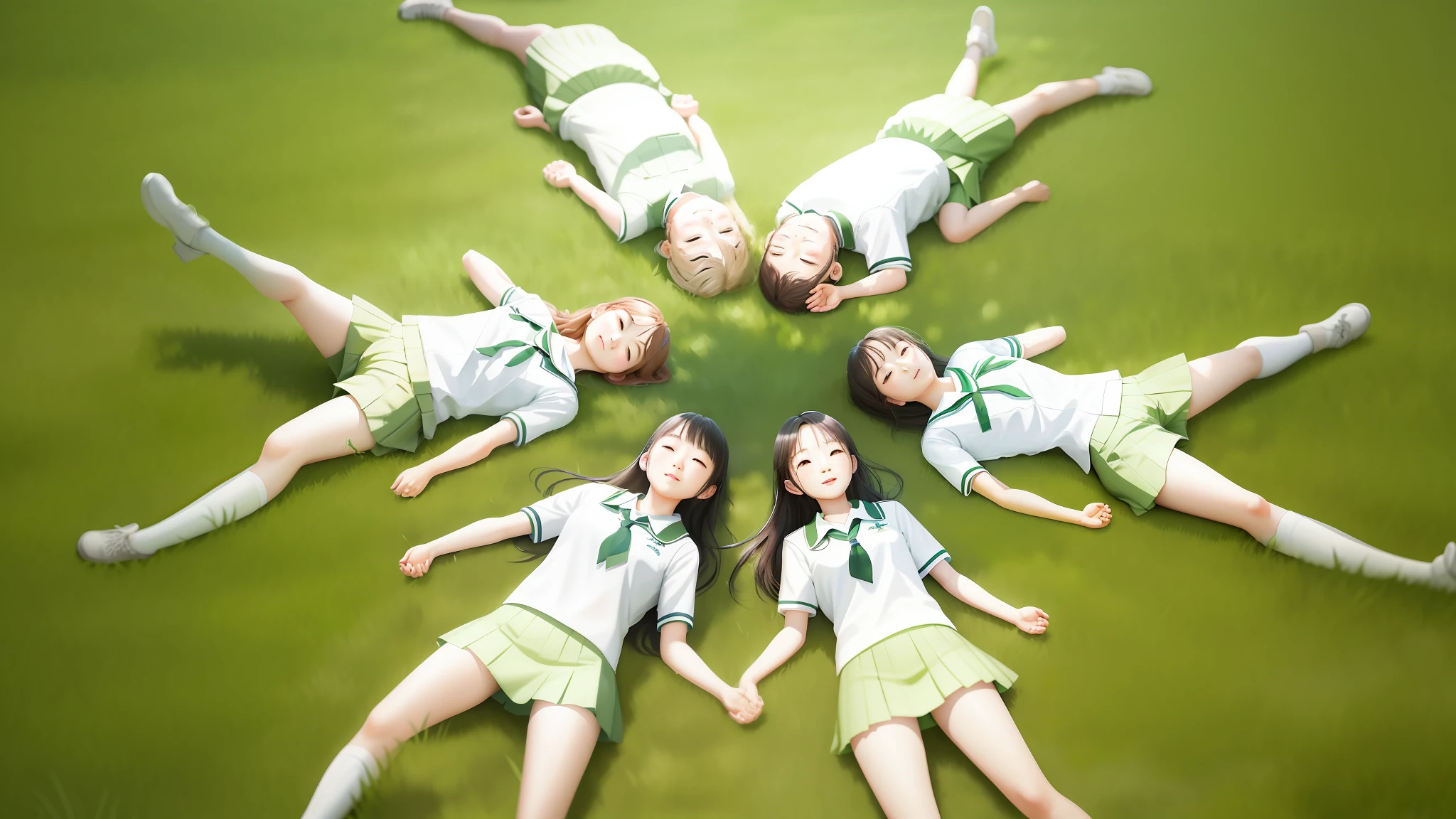 photorealistc，Anatomically correct，MASTERPIECE，，On green grass，6个小朋友，Wear a school uniform，Lie on your back on the green grass，Gather in a circle，Sorrisos，best quarity，details，Cinematic lighting effects