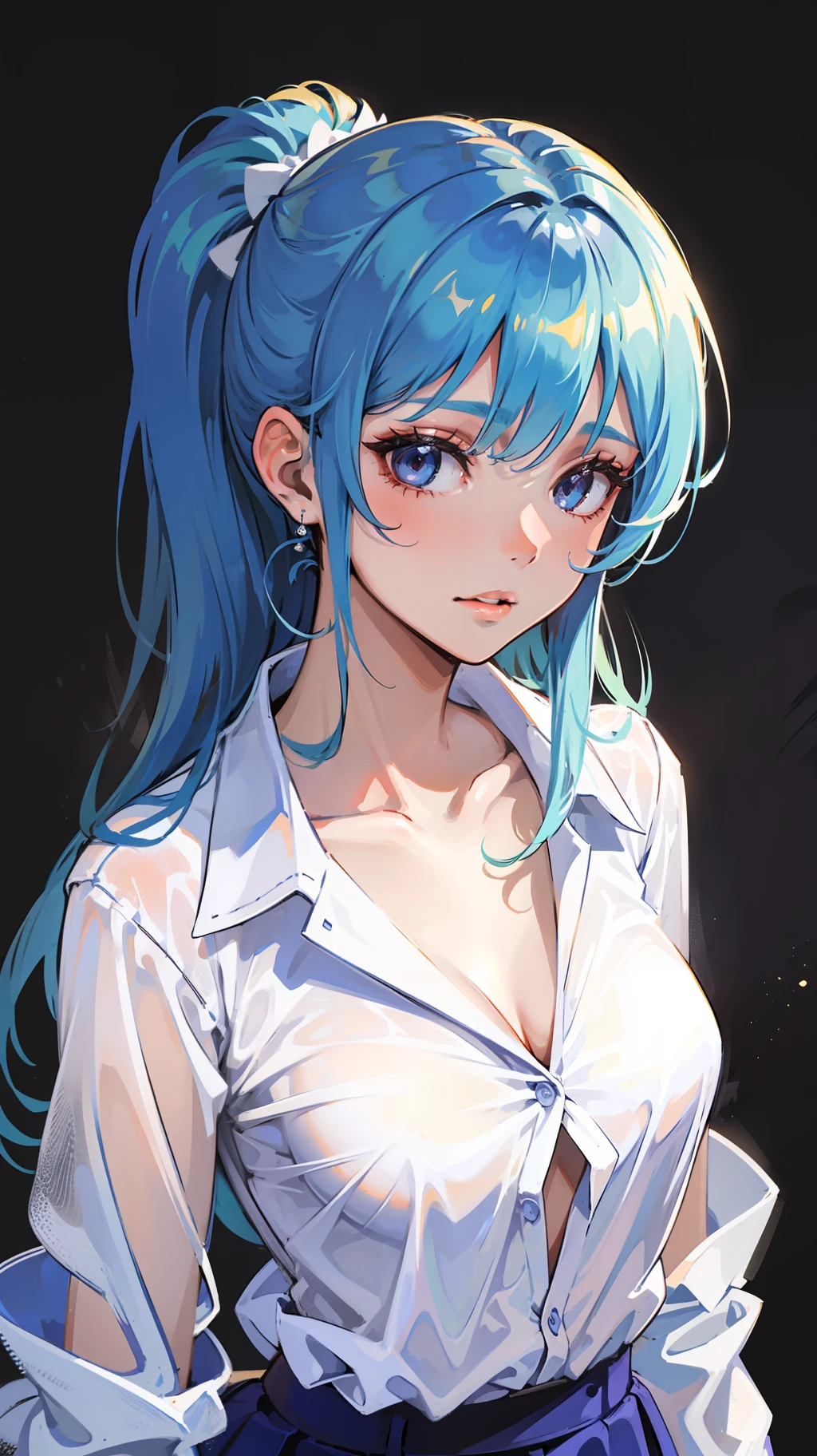 Una chica, pelo gris, ojos azules, vestimenta casual, sexy, camisa blanca