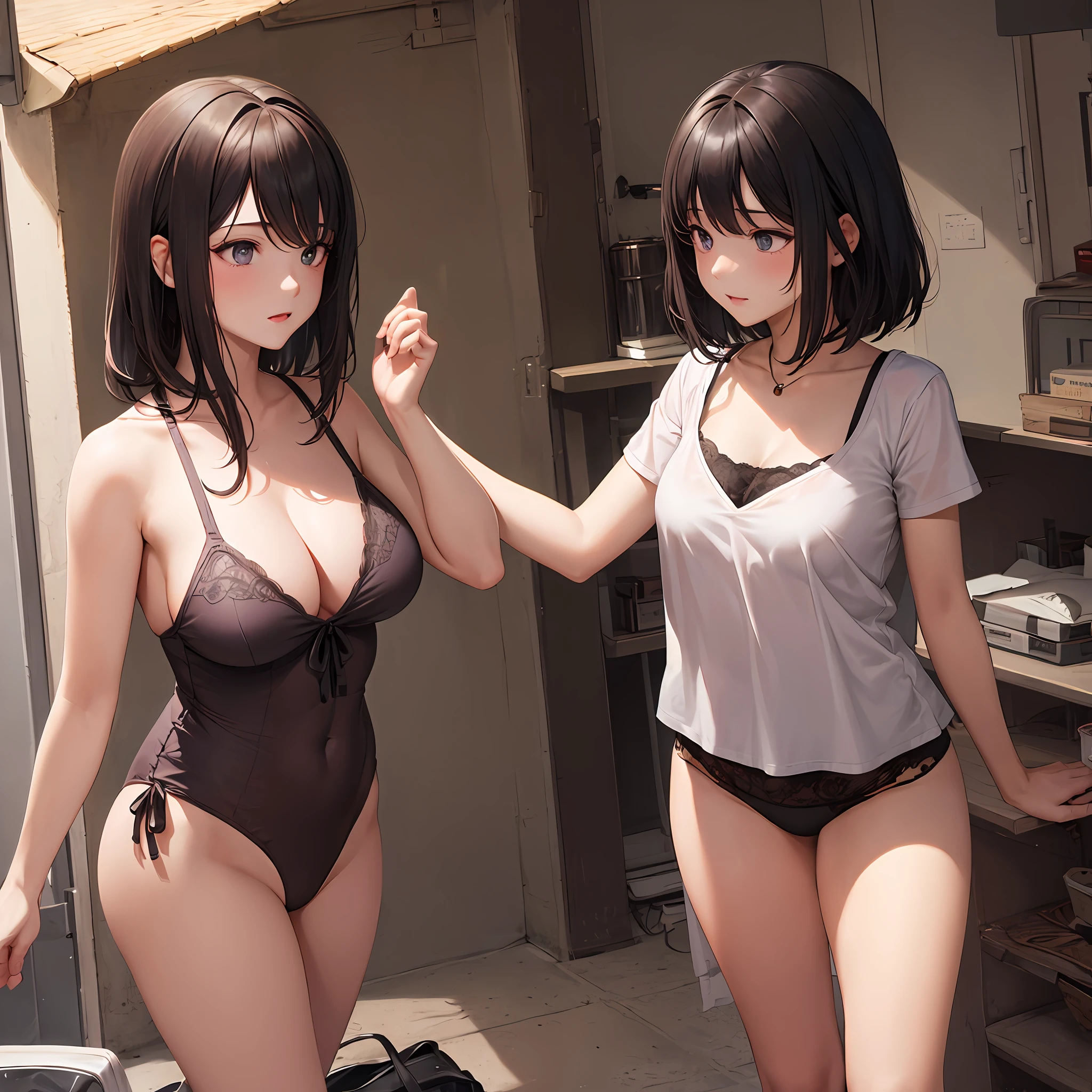 beste Quality:1.3,masterpiece:1.3,One Person,high school girls,dark short hair,medium Hair,transformation scene,underware,large_breasts,Blindness,dynamic pose and angle, --auto