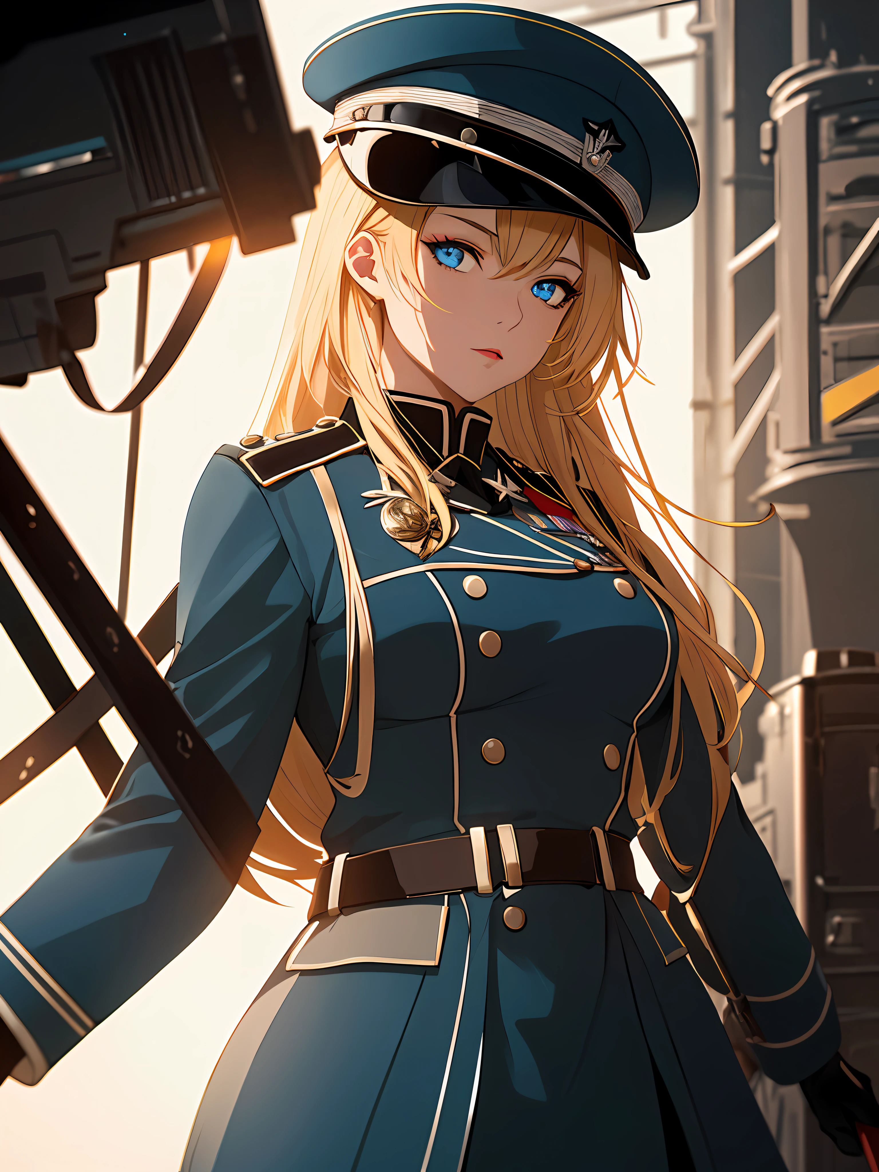 (Masterpiece:1.2), best quality, (illustration:1.2), (ultra-detailed), hyper details, (delicate detailed), (intricate details), (cinematic light, best quality Backlights), clear line, solo female, perfect body, (1girl), blonde hair, glowing blue eyes, (bismarck \(azur lane\) a woman wearing a black wehrmacht_outfit holding a sword, medal on left shoulder, wehrmacht_hat, white glove, carrying rigging_machine, turrets_equipped on the rigging_machine), ((makeup)), high contrast, (best illumination, an extremely delicate and beautiful), ((cinematic light)), colorful