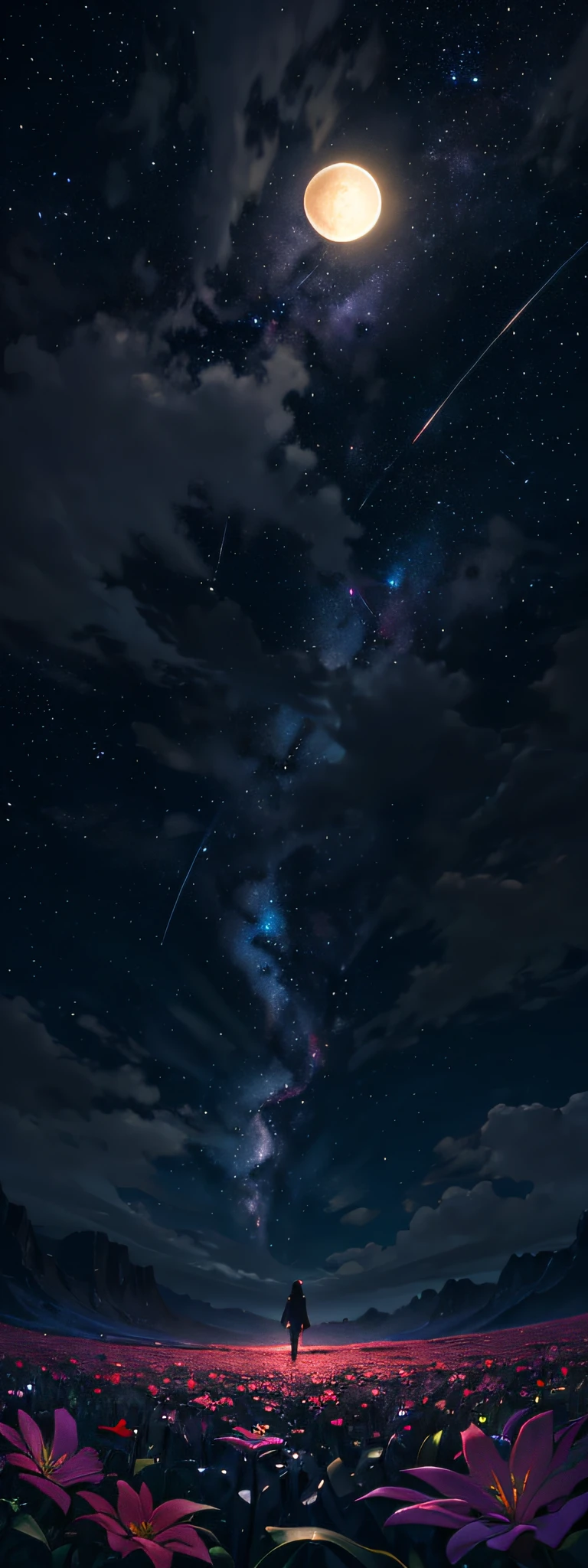 expansive landscape photograph , (a view from below that shows sky above and open field below), a girl standing on flower field looking up, (full moon:1.2), ( shooting stars:0.9), (nebula:1.3), distant mountain, tree BREAK
production art, (warm light source:1.2), (Firefly:1.2), lamp, lot of purple and orange, intricate details, volumetric lighting BREAK
(masterpiece:1.2), (best quality), 4k, ultra-detailed, (dynamic composition:1.4), highly detailed, colorful details,( iridescent colors:1.2), (glowing lighting, atmospheric lighting), dreamy, magical, (solo:1.2)