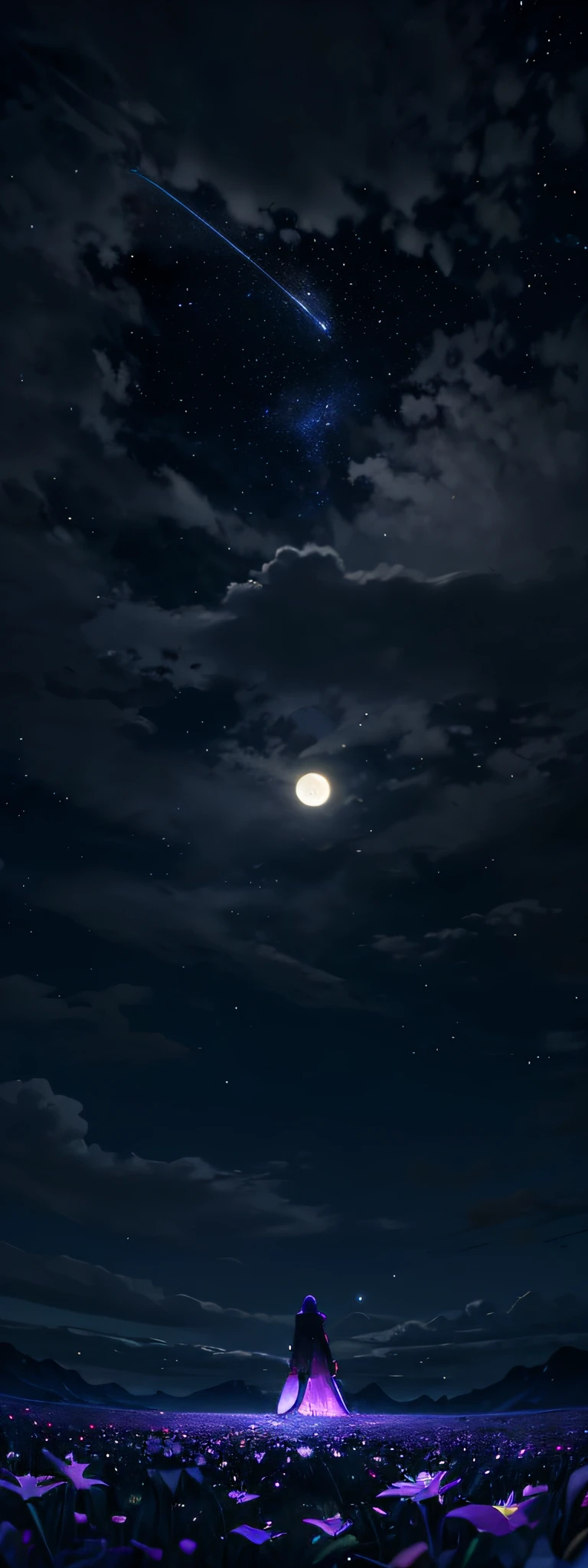 expansive landscape photograph , (a view from below that shows sky above and open field below), a girl standing on flower field looking up, (full moon:1.2), ( shooting stars:0.9), (nebula:1.3), distant mountain, tree BREAK
production art, (warm light source:1.2), (Firefly:1.2), lamp, lot of purple and orange, intricate details, volumetric lighting BREAK
(masterpiece:1.2), (best quality), 4k, ultra-detailed, (dynamic composition:1.4), highly detailed, colorful details,( iridescent colors:1.2), (glowing lighting, atmospheric lighting), dreamy, magical, (solo:1.2)