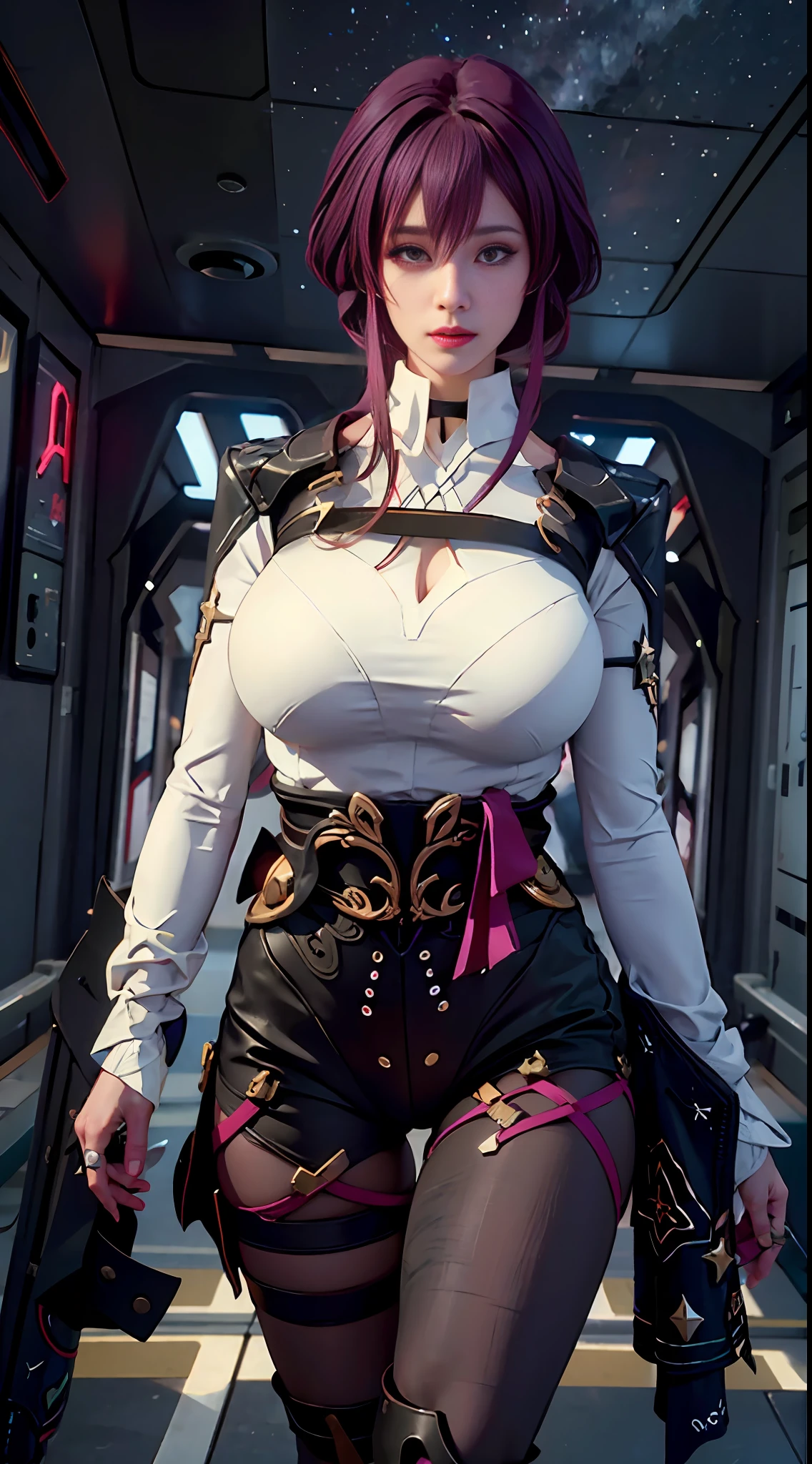 Unreal Engine 5 Realistic Rendering, wearing cosplay from Honkai Star Rail, Honkai Star Rail, game character, cosplayer, walking down hallway of futuristic space station, beautiful face, makeup, top body is hyper realistic thicc muscle and hyper largest_breasts!! with the type of boobs_melons, lower is huge buttocks, jealous, highres, highres, 1080P, UHD, masterpiece, bokeh,