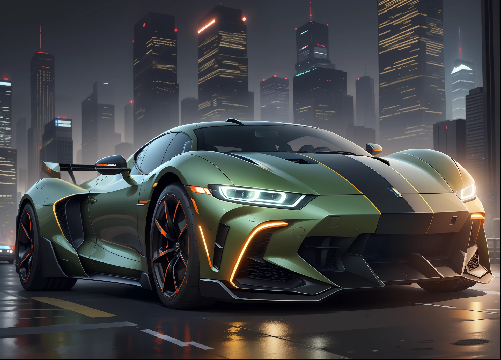 (High Definition, 9k) A futuristic sports car with neon headlights, light under the car, on the street of a futuristic cityscape with Starwars style skyscrapers