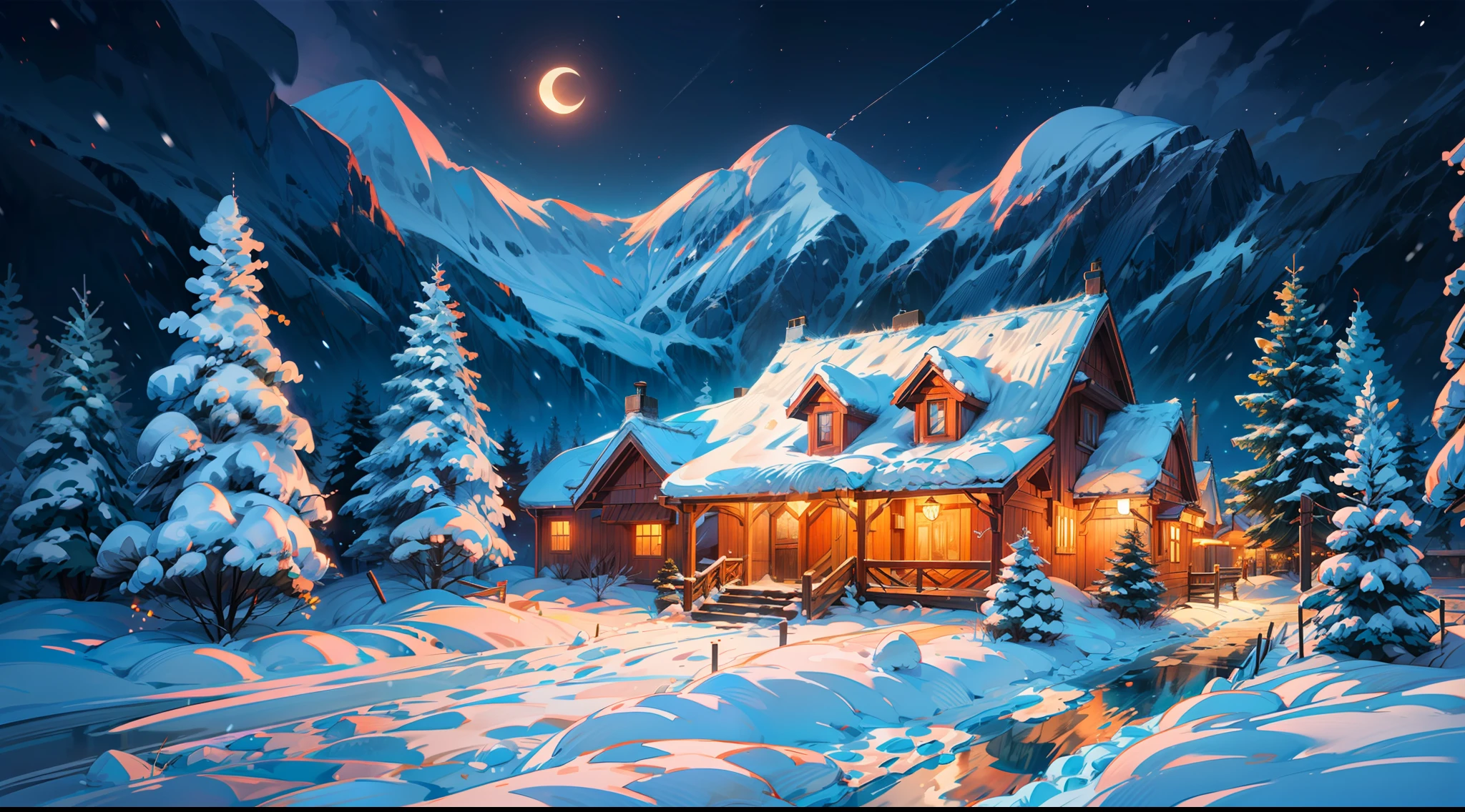 Snowy night view, background artwork, winter night, winter concept art, moonlight snow, 4k highly detailed digital art, snowy night, winter scene fantasy, 4k detailed digital art, beautiful art uhd 4 k, beautiful digital artworks, moonlight snowing, 4 k hd illustrative wallpaper, Aerial view