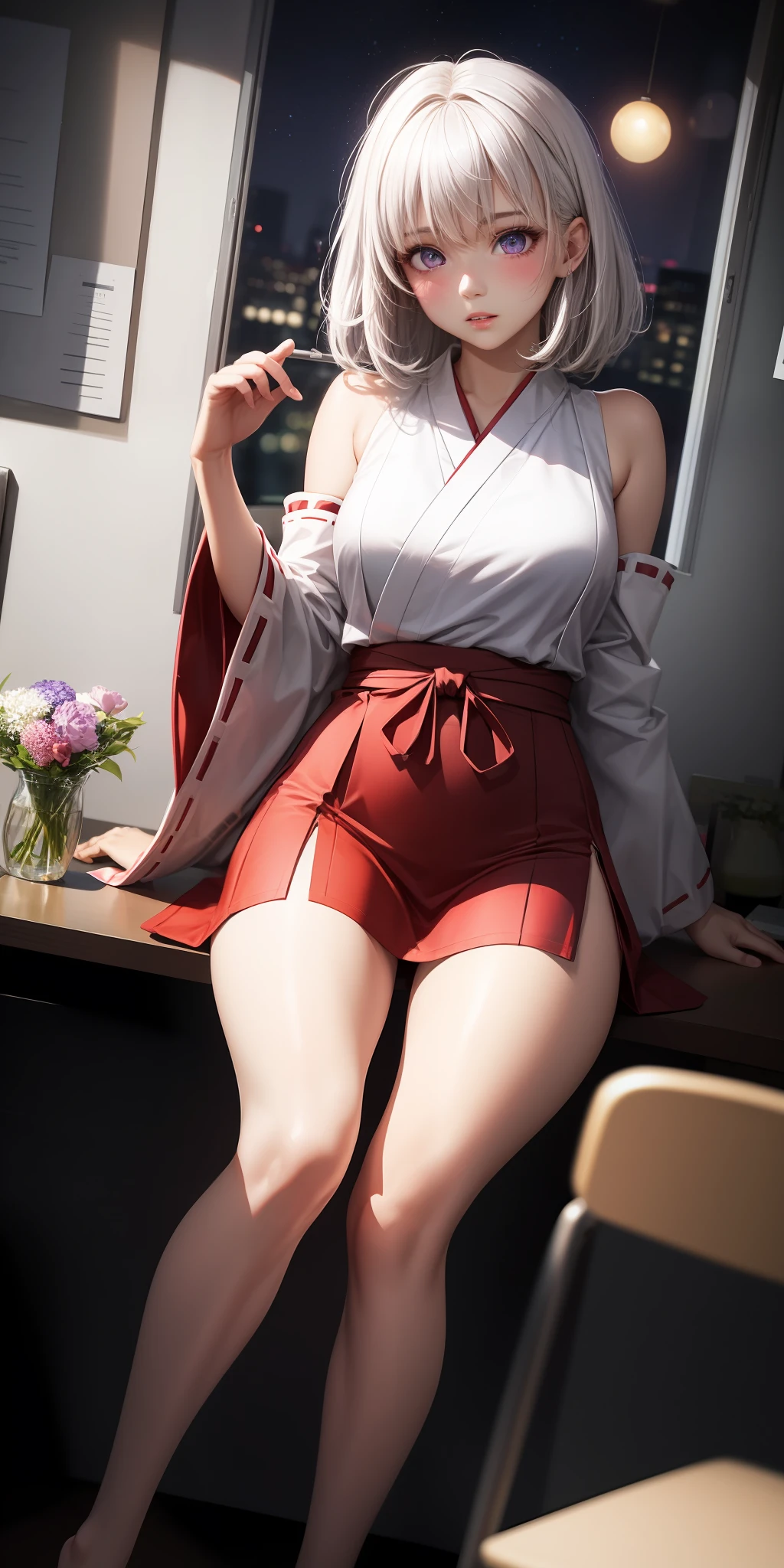 lifelike,1girl,White hair,Purple eye,Luminous Eyes,Cut the top,short miko skirt,Parted lips,blushed,night,flowers,office room,Split legs,