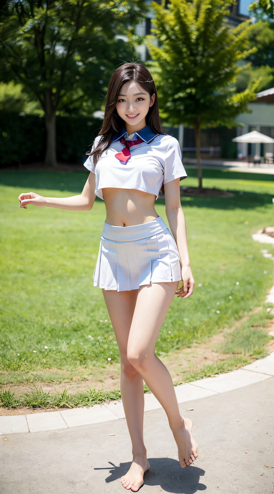 A girl whose whole body is full of pure love and youth，Lake-like clear eyes，Wearing a white school uniform，at a park，bare leg，Barefoot，Long Legs，big boobs，Belly button，with exquisite facial features，legs spreading，Sorrisos，Stand，full-body shot