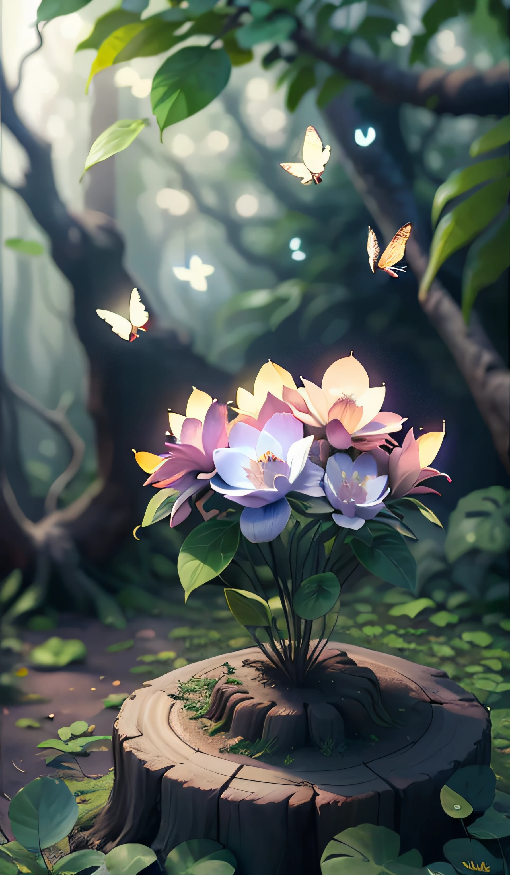 Masterpiece, best quality, (very detailed CG unity 8k wallpaper), (best quality), (best illustration), (best shadows), glow sprite,  natural elements in the forest theme. Mysterious forest, beautiful forest, nature, surrounded by flowers, delicate leaves and branches surrounded by fireflies (natural elements), (jungle theme), (leaves), (twigs), (fireflies), (particle effects) etc. 3D , Octane rendering, ray tracing, super detailed, glowing, glowing butterflies