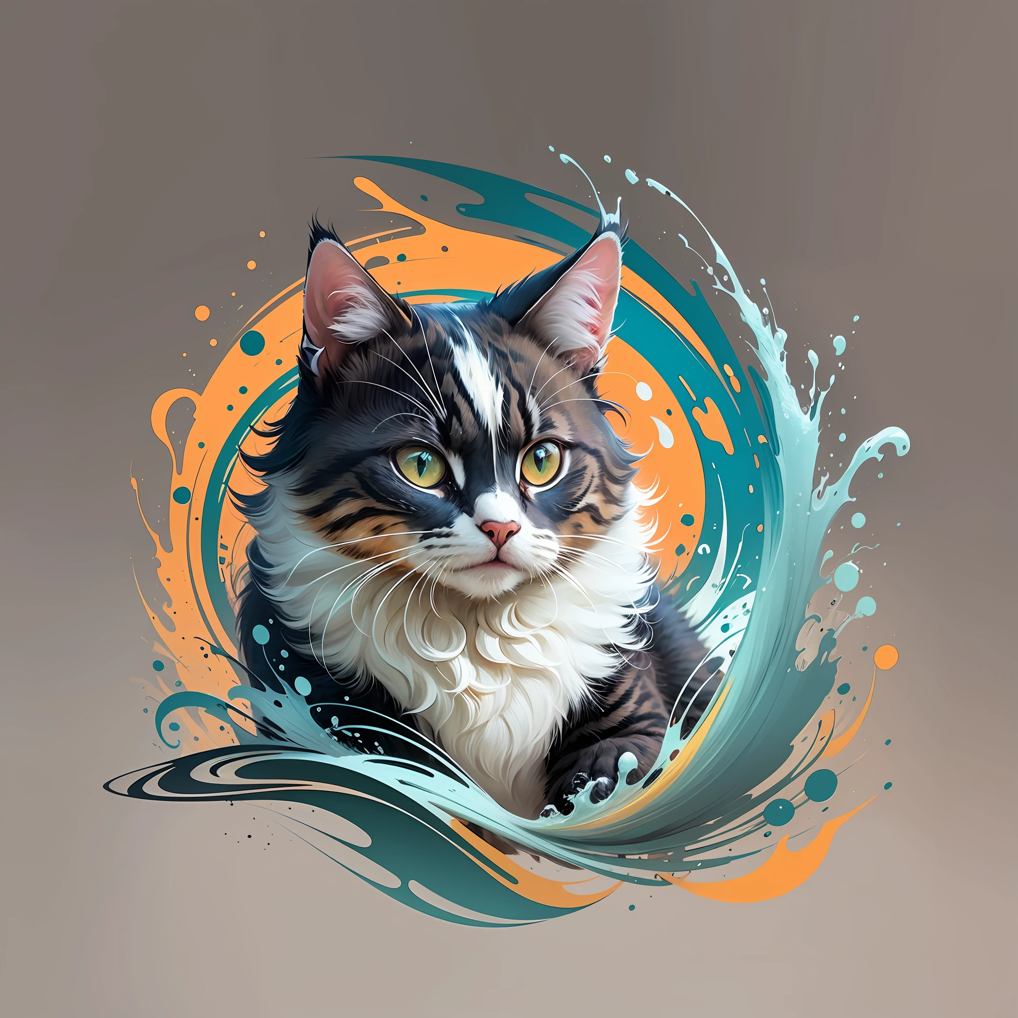 An emblematic logo of an cat of vibrant colors, water elements, simple design, vector art, minimal