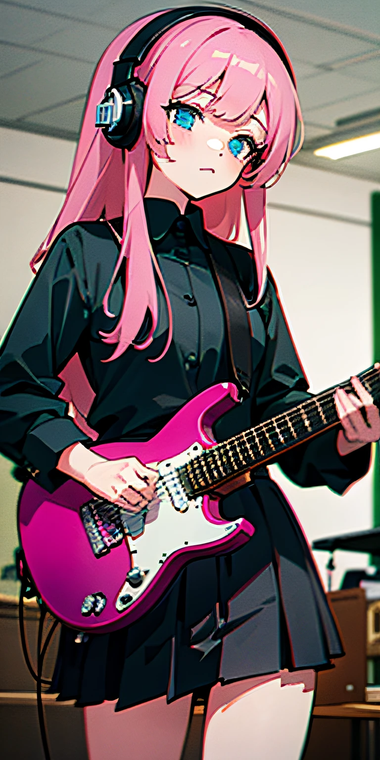 ((masterpiece,best quality))1girl, solo, black skirt, blue eyes, electric guitar, guitar, headphones, holding, holding plectrum, instrument, long hair, , music, one side up, pink hair, playing guiter, pleated skirt, black shirt, indoors
Negative prompt: EasyNegative, extra fingers,fewer fingers,
Steps: 20, Sampler: DPM++ 2M Karras, CFG scale: 10, Size: 864x512, Denoising strength: 0.58, Hires upscale: 1.8, Hires upscaler: Latent