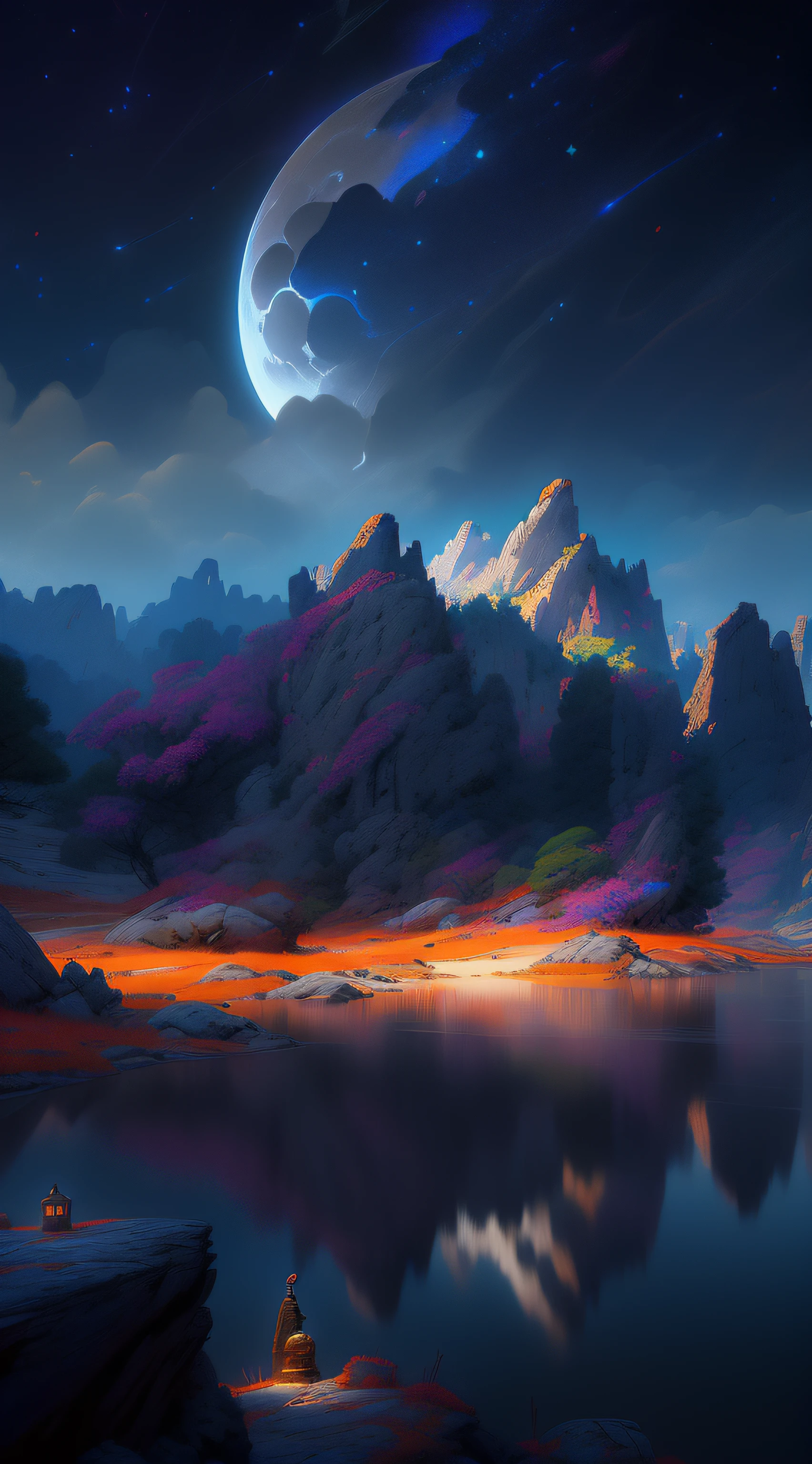 mountains and a lake with a moon in the sky, 4k highly detailed digital art, 4 k hd wallpaper very detailed, impressive fantasy landscape, sci-fi fantasy desktop wallpaper, unreal engine 4k wallpaper, 4k detailed digital art, sci-fi fantasy wallpaper, epic dreamlike fantasy landscape, 4k hd matte digital painting, 8k hd wallpaper digital art