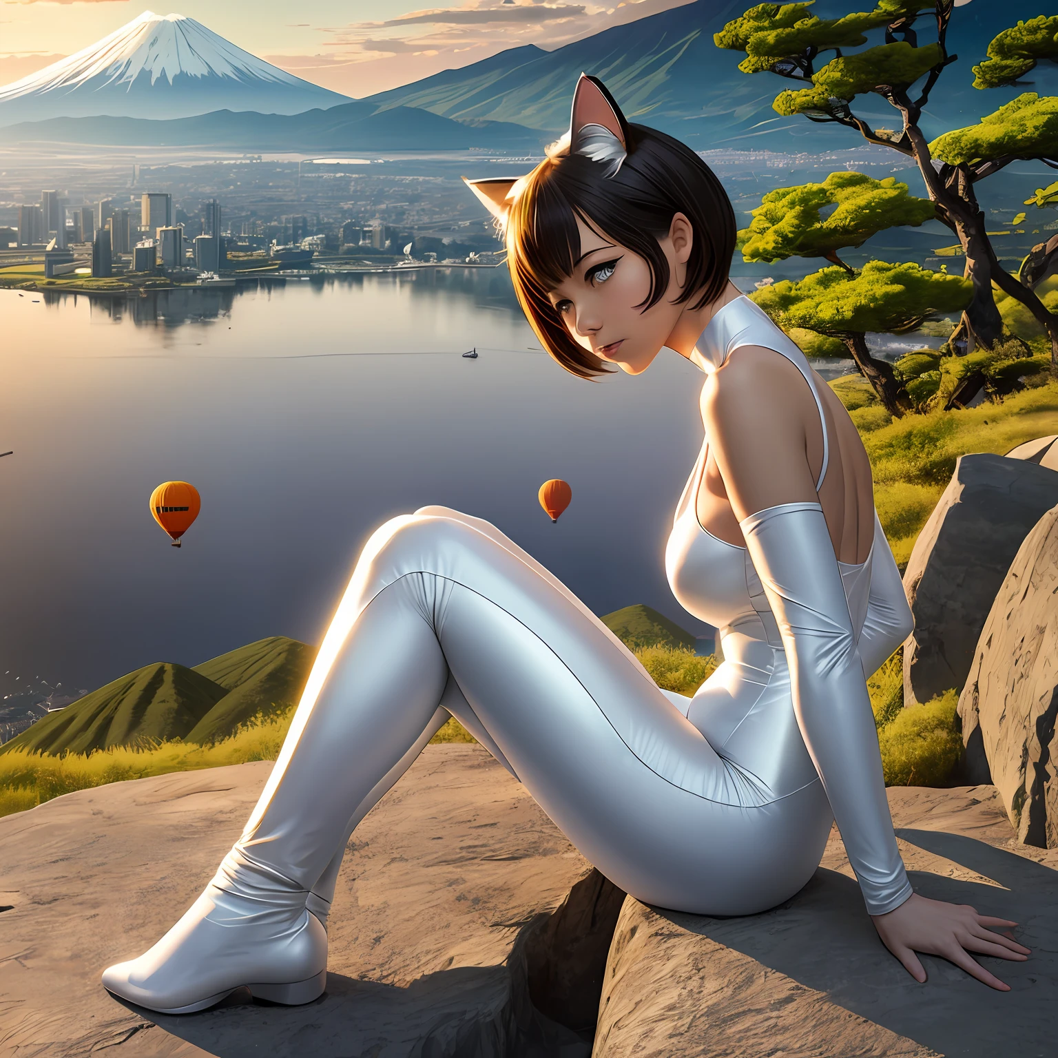 While a traditional teardrop-shaped hot air balloon floats gracefully over Suruga Bay. A white catwoman named Catwoman is relaxing in a natural open-air bath at the foot of Mount Fuji. In the background, the snow-capped and majestic Mount Fuji stands tall. The sky during magic hour is bathed in a golden orange hue. Catwoman is wearing a white bodysuit with cat ears. She is in the large multi-rock bathtubs with complex shapes and block-like shapes, her head back, relaxing.