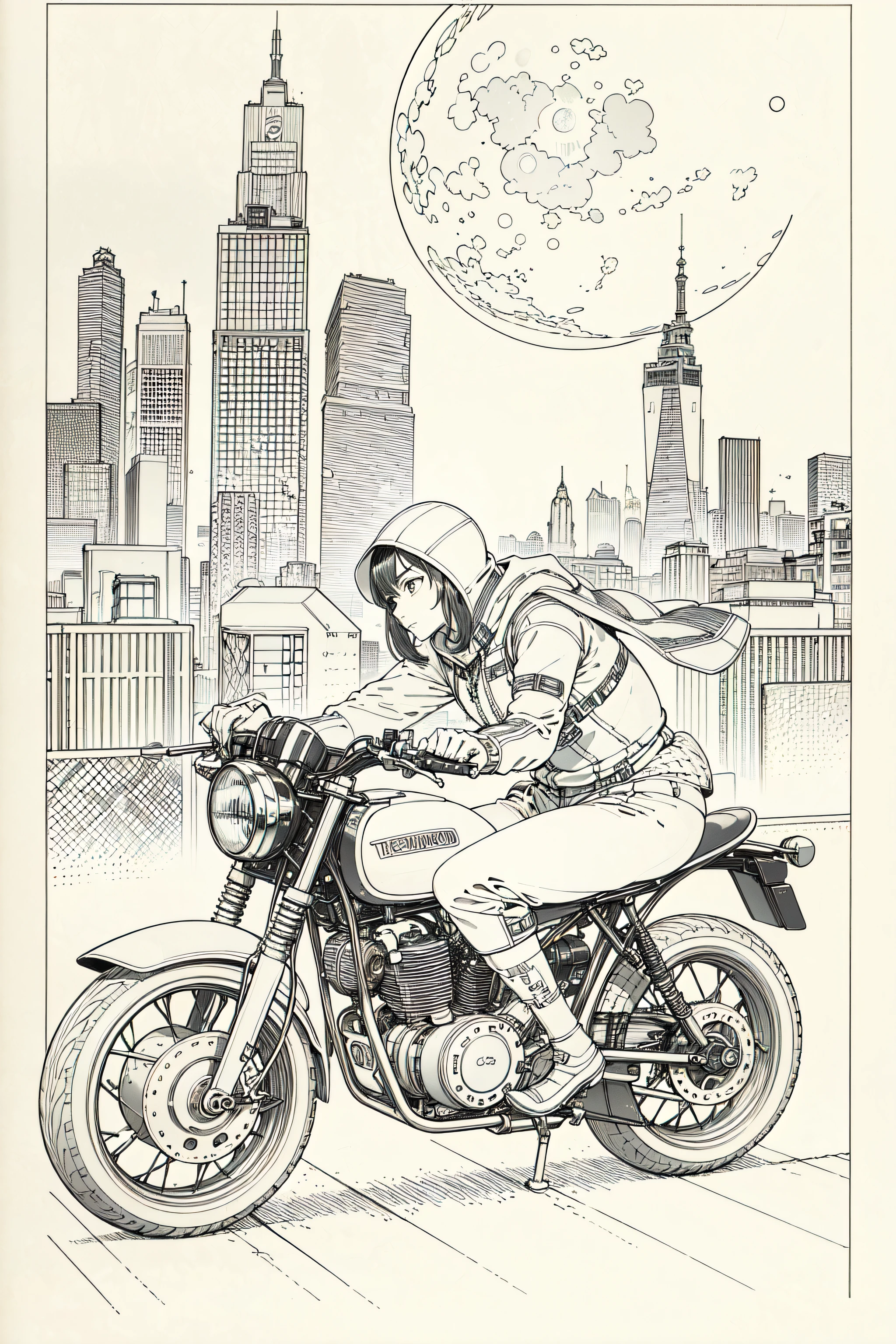 best quality, masterpiece, photo, 4K, photorealistic, highly detailed,
1girl riding motobike, techwear, cyberpunk city, solo, futuristic, huge moon in the background, black and white, by Akira Toriyama, closeup,