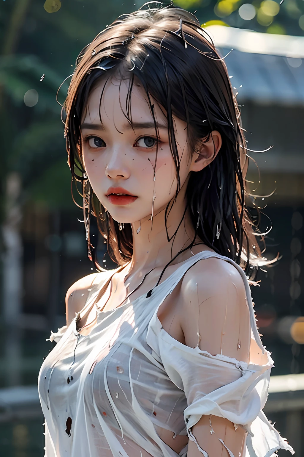 Best picture quality, masterpiece, ultra high resolution, (fidelity :1.4), photo, 1 girl,[(sadness)],white shirt, Dim, dark, desperate, pitying, pitiful, cinematic,tear,teardrop,(Torn clothes:1.5), (Wet clothes:1.4), bare shoulders,Real rain,wet hair,..