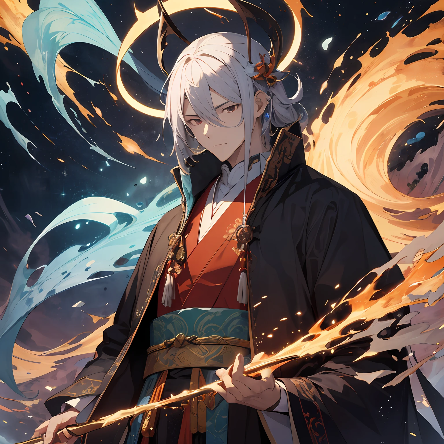 A handsome Taoist priest stood in front of King Yan and the Sanqing Daozu with his head held high, his demeanor solemn and majestic. Sanqing was dressed in a robe and holding a magic weapon, each with his own thoughts, and the king of Yan had a solemn face, a wat board in his hand, and looked at the Taoist priest with a pair of cold eyes. Against the backdrop of the abstract universe, they form a chaotic and mysterious picture.