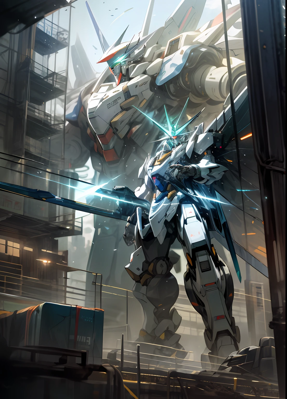 heavens,yun,holding_weapon,no_humans,bioluminescence,,Robots,archiCGI,glowing_eyes,mecha,Science fiction novels,Cities,Realistically,mecha,gaoda,Huge Gundam,look up
