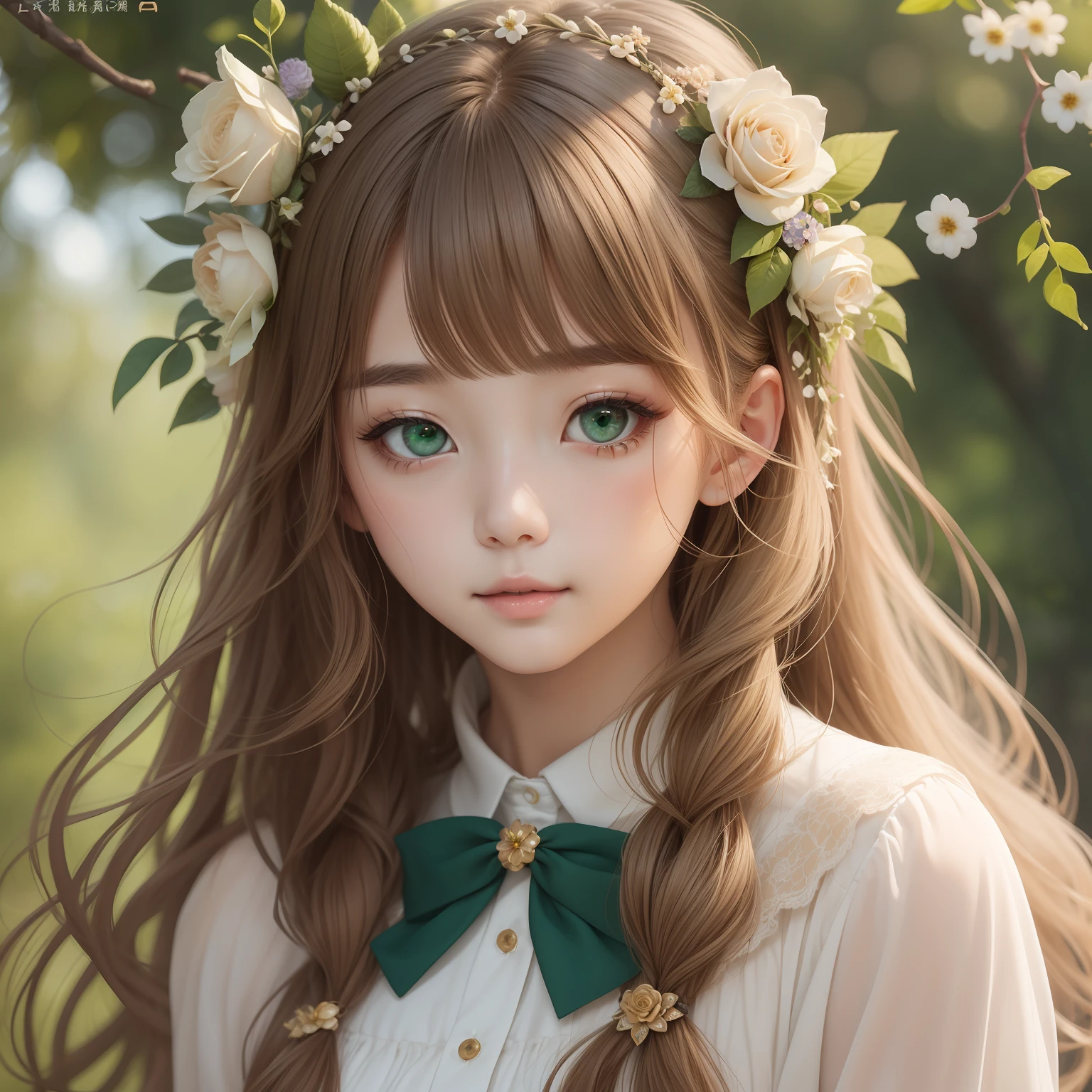 (MASTERPIECE)8K解像度、Beautiful girl loving flowers、Beige brown、long hair、Floral hair ornament on the head、Green eyes、adorable face、model style、Fantasy style、