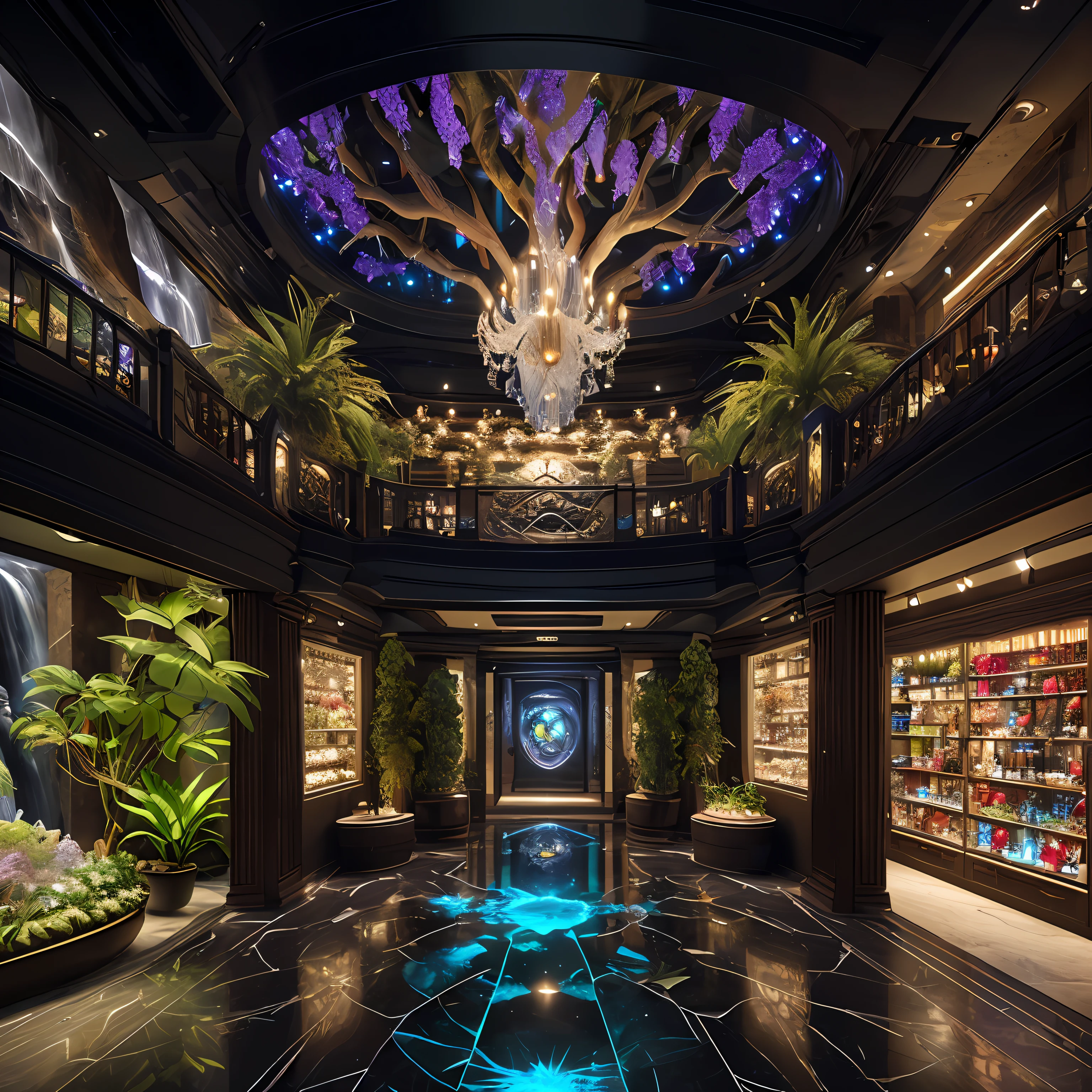 incredible Na'vi-inspired luxurious futuristic store interior in Ancient Egyptian style with many ((lush plants)) (lotus flowers), ((palm trees)), rocky walls, (sand), ((waterfalls)) (marble), ((precious minerals)), ((metals)), (gemstones), crystals, clouds and ((water)), (hieroglyphics), ((trees and plants made out of gemstones and precious minerals and lights)), (((ultra luxury))), (black marble) – with ((beautiful lights)), Unreal Engine, HQ, 16k