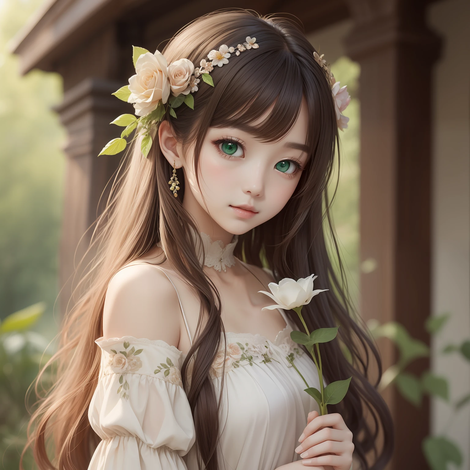 （MASTERPIECE）8K解像度、Beautiful girl loving flowers、Beige brown、long hair、Floral hair ornament on the head、Green eyes、adorable face、model style、Fantasy style、