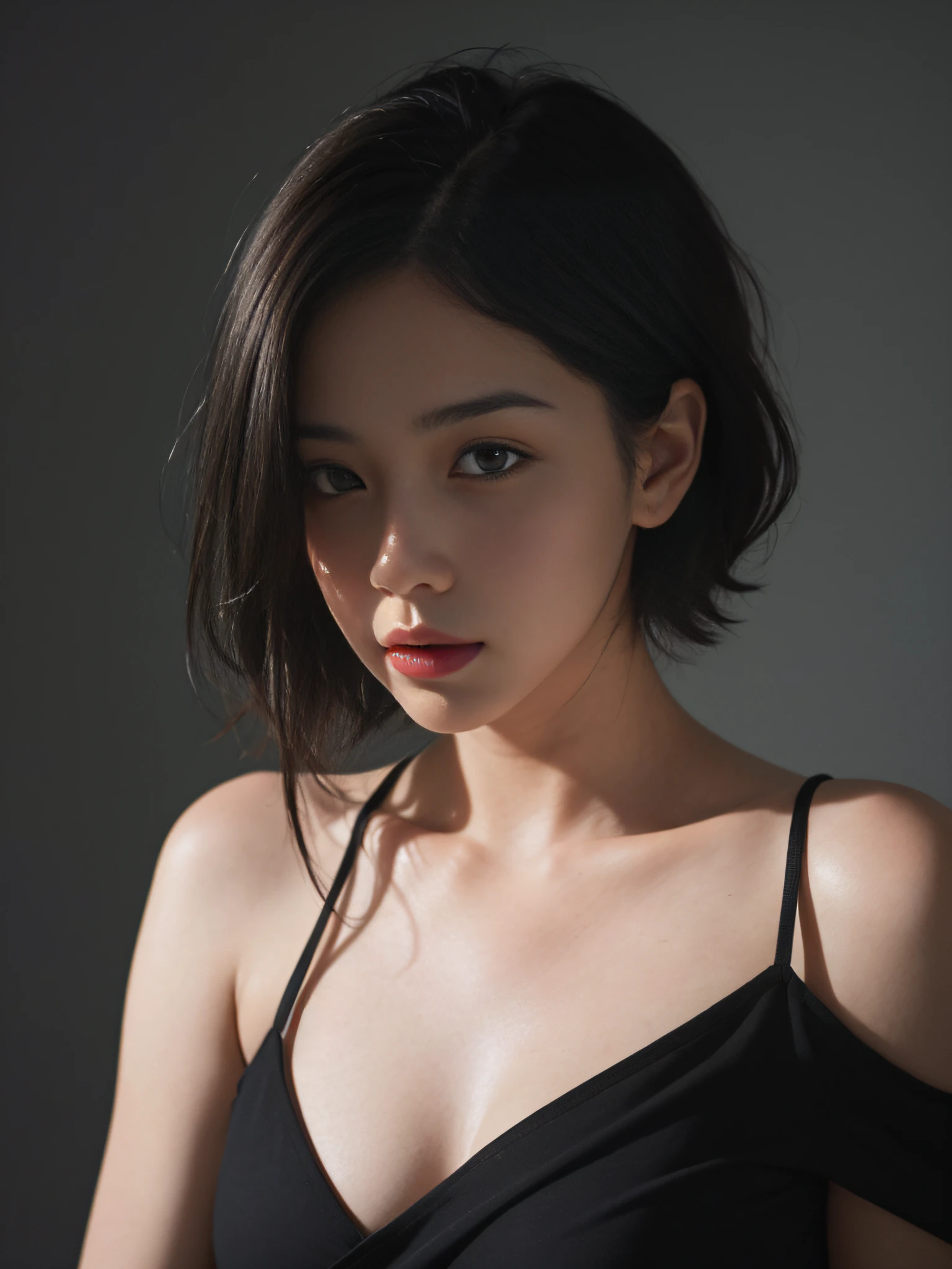 Best quality, masterpiece, ultra high res, (photorealistic:1.5), raw photo, 1girl, offshoulder, in the dark, deep shadow, low key, cold light, sexy look, short hair