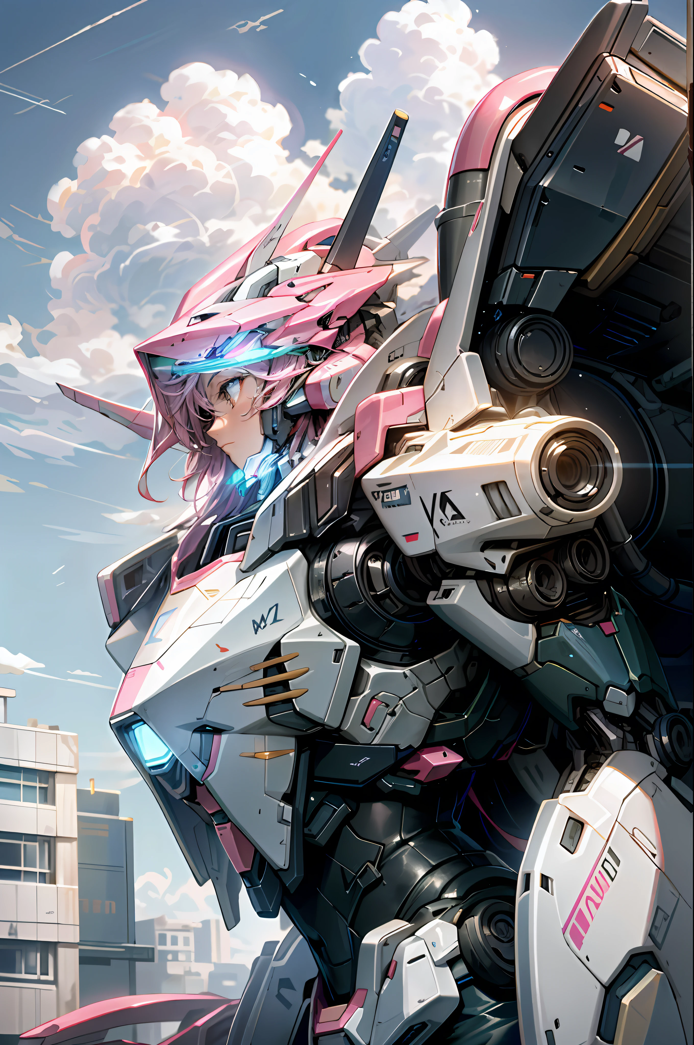 sky, cloud, holding_weapon, no_humans, glowing, , robot, building, macross,gawalk, mecha, science_fiction, real,light pink mech