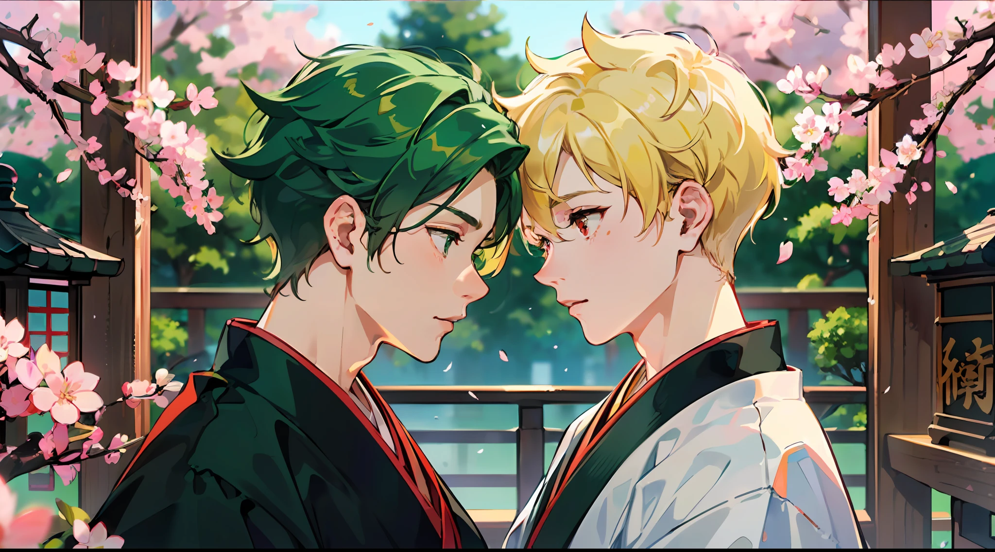 (beste Quality:1.4、8k)、(Gay couple facing each other:1.3)、(cool boy、Black hakama with blonde spiked hair and red eyes:1.2)、(Cute boy、Short green hair and big eyes white:1.2)、japanese shrine、Cherry Blossoms。
