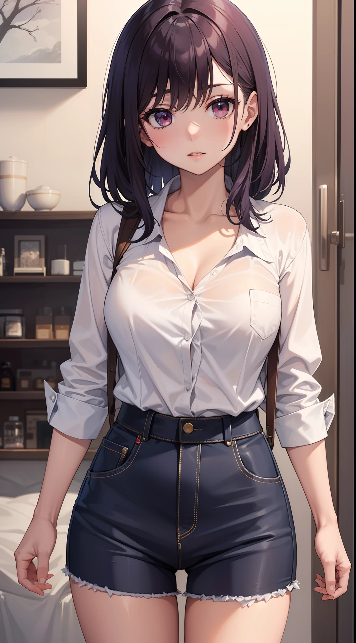 1chica, pelo morado, ojos morados, vestimenta casual, , camisa blanca