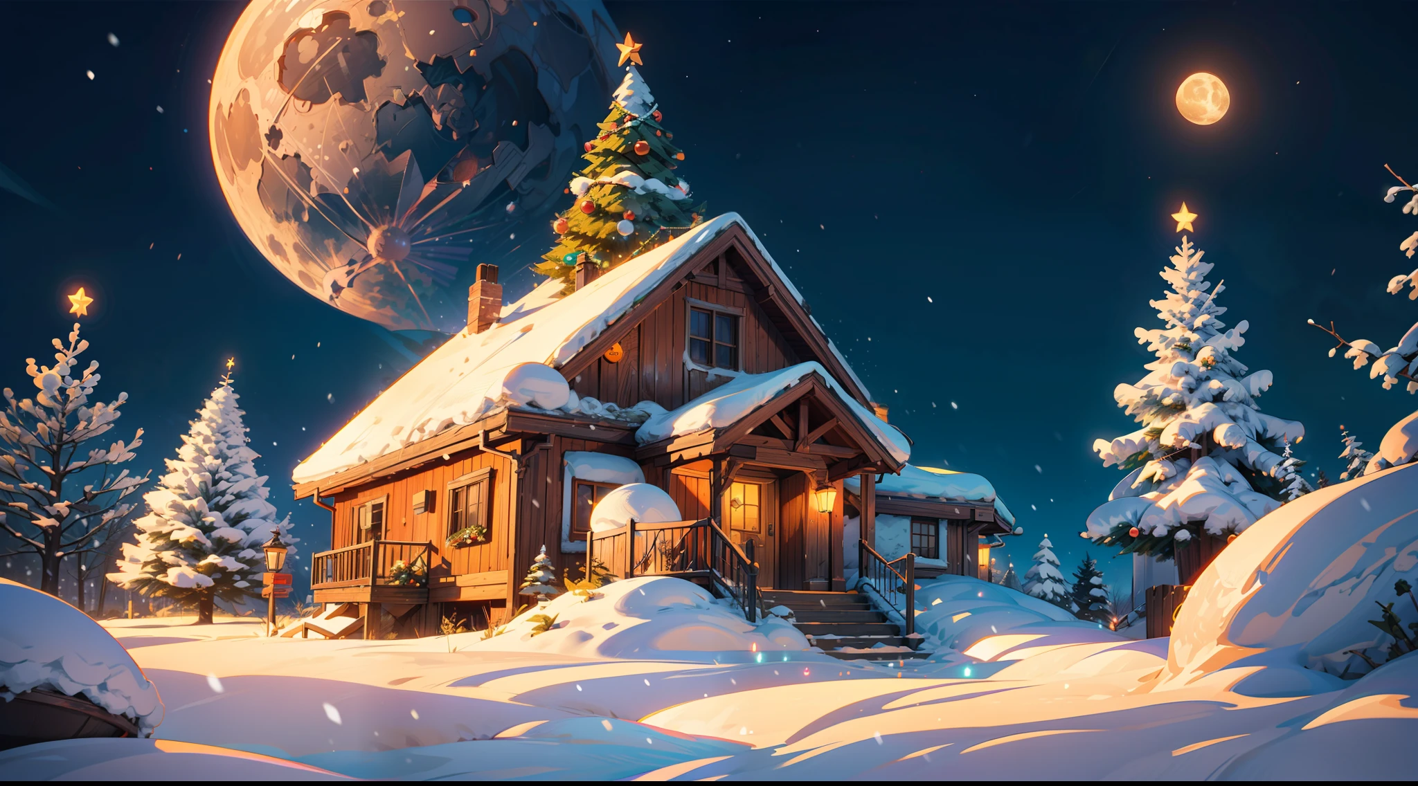 In the woods,The background is the full moon,Snow in winter, background artwork, Christmas tree background, 4k highly detailed digital art, 8k high quality detailed art, highly detailed scene, background art, stylized 3d render, anime background art, 4k detailed digital art, inspired by Andreas Rocha, highly detailed illustration