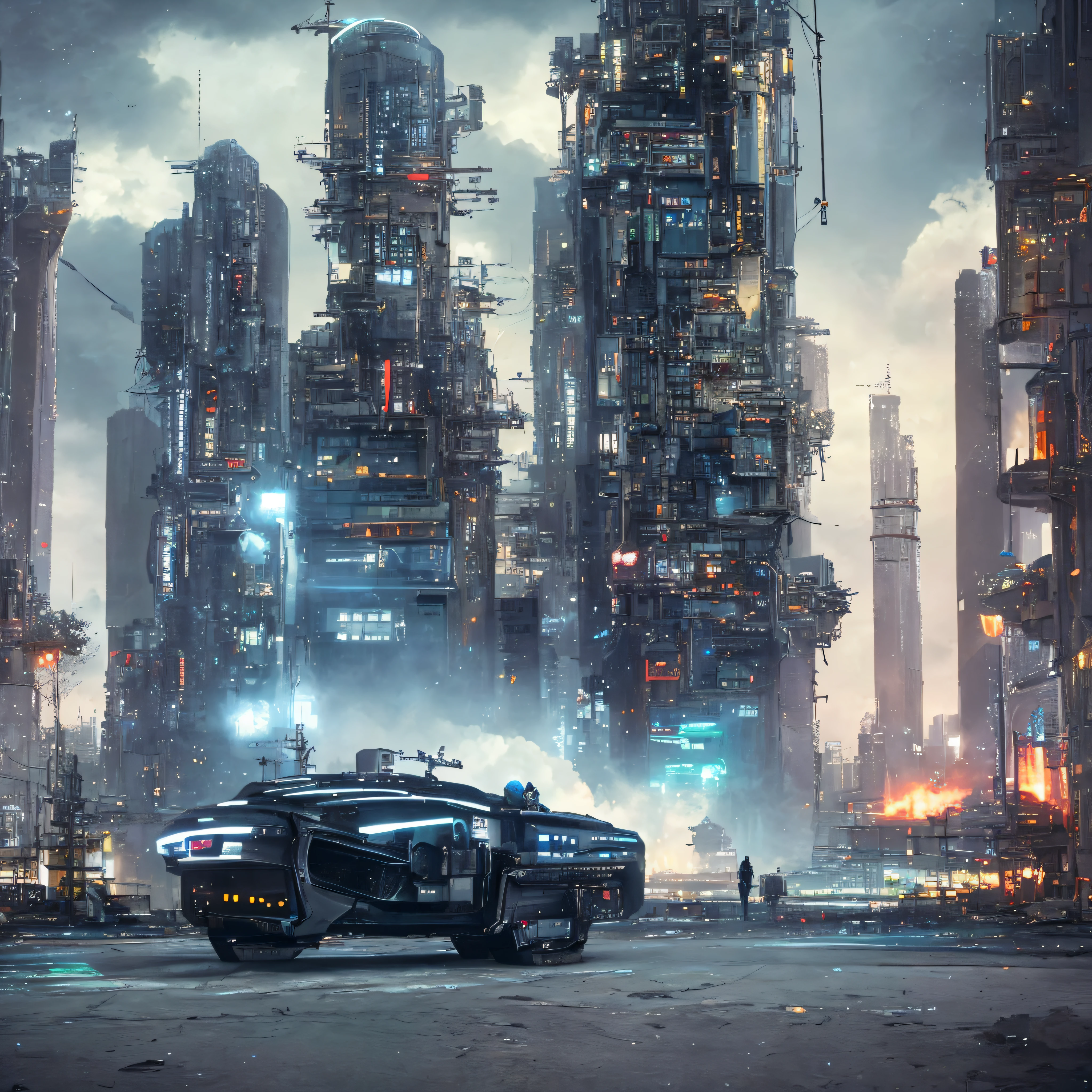 cyber-enhanced man leaning against a futuristic sci-fi vehicle on a dystopian sci-fi city street