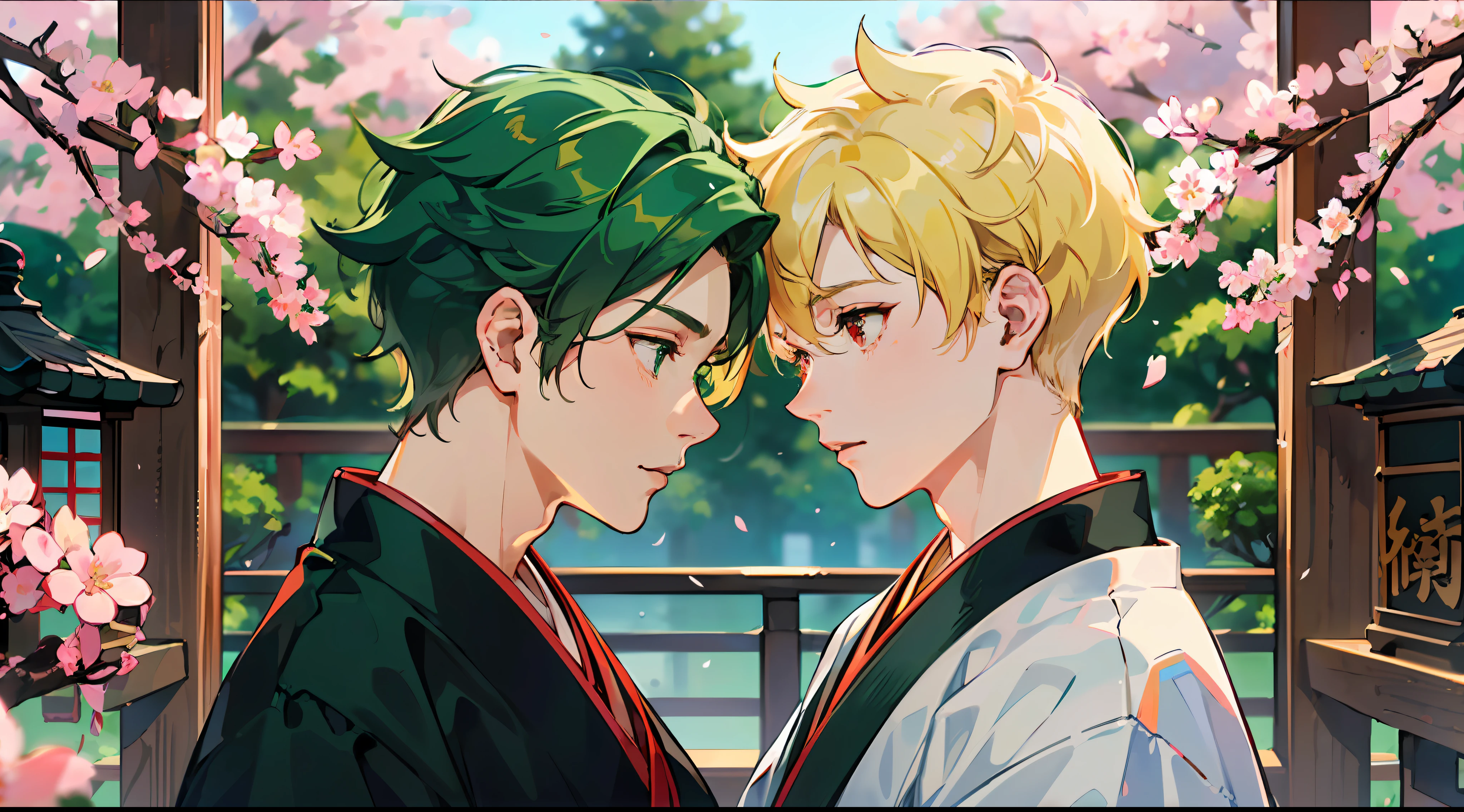 (beste Quality:1.4、8k)、(Gay couple facing each other:1.3)、(cool boy、Black hakama with blonde spiked hair and red eyes:1.2)、(Cute little boy、Short green hair and big eyes white:1.2)、japanese shrine、Cherry Blossoms。