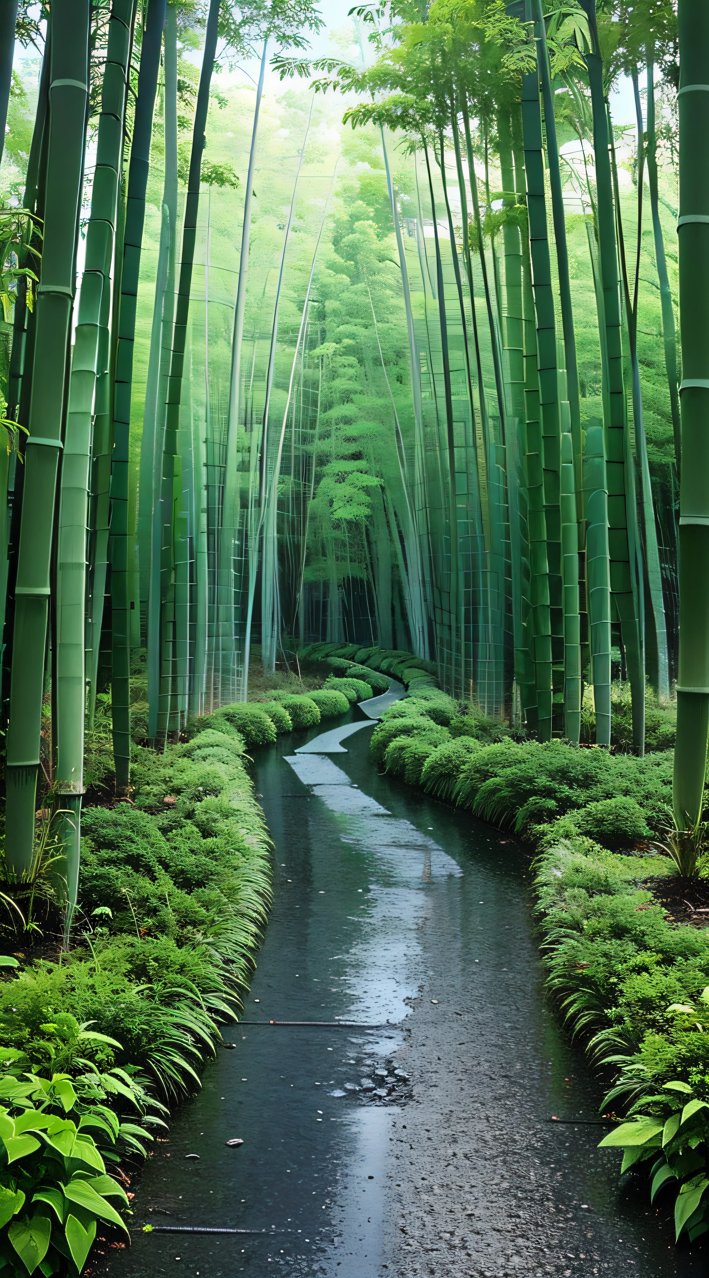 On both sides are towering bamboo forests, bamboo forests in the rain, and in the middle is a slate path that winds its way forward and disappears deep into the dense forest