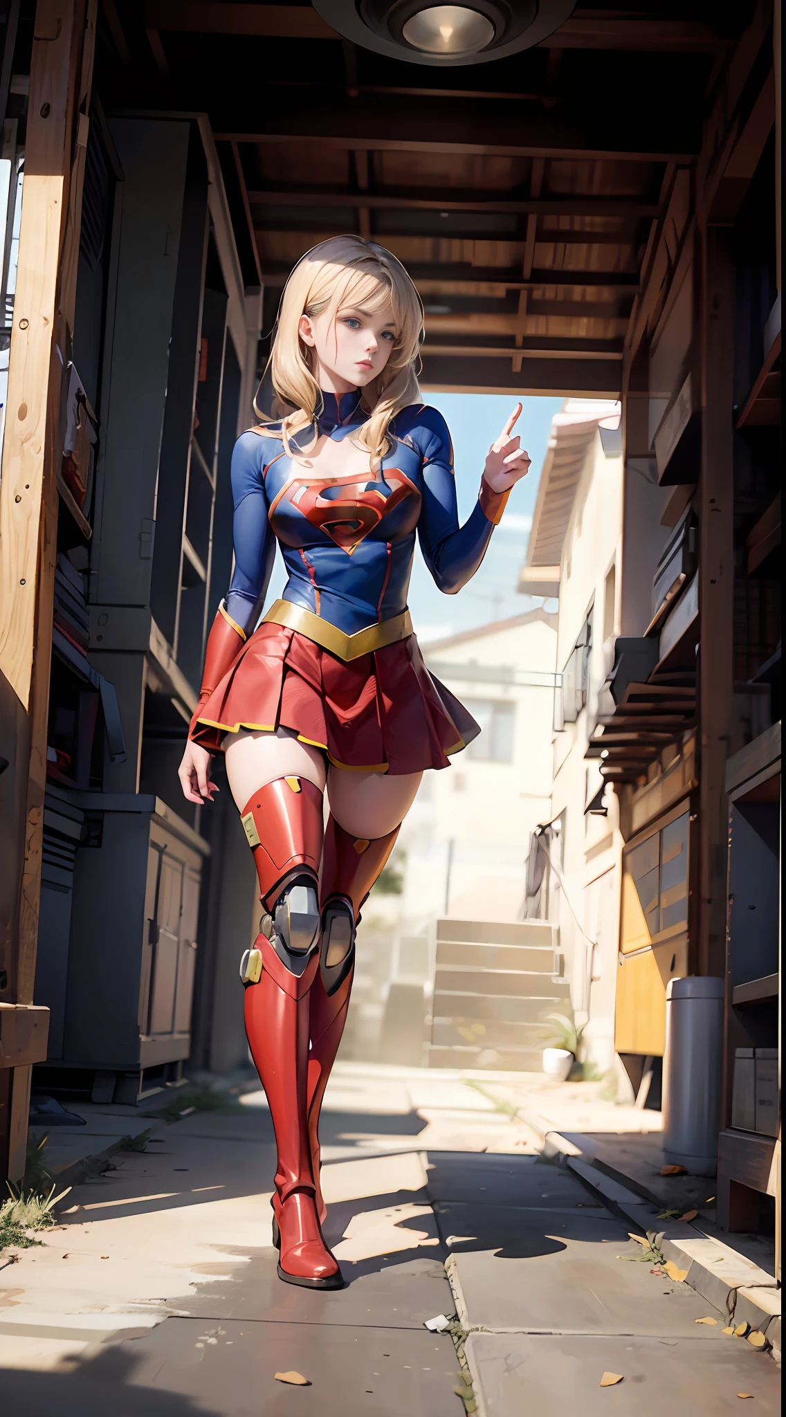 8K HD, melhor qualidade de imagem da Supergirl, imagem clara, detalhes surpreendentes, Beautiful blonde girl with blue eyes and robot body, full body robot, Menina Atraente Foco, rosto feminino detalhado, girly details amazing, foto da parte superior do corpo, robot factory background, profundidade de campo otimizada para tornar a imagem mais realista, vestindo o super-homem's S symbol on his chest, loira sexy.