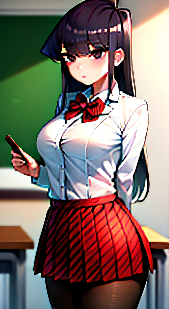 komiShouko, masterpiece, best quality, absurdres, 1girl, looking at viewer, standing, v arms, pantyhose, classroom, cowboy shot, school uniform, red skirt, red bow, blazer