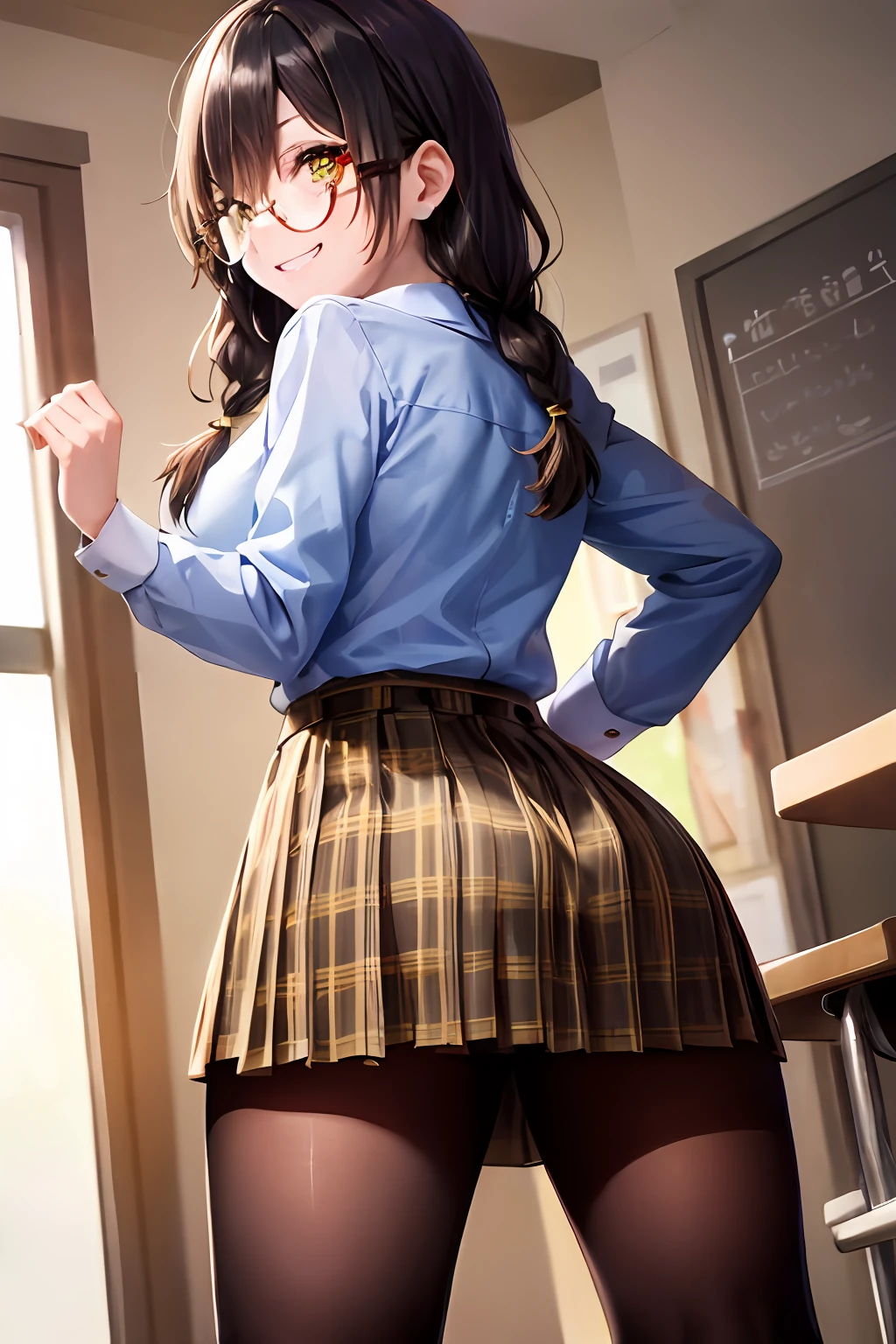 glasses、braid hair、detailled eyes、Black eyes、Showing your back、standing a、A evil smile、Evil smile、slong hair、Plaid pleated skirt、Yellow miniskirt、Black hair、Camisa blanca、White Y-shirt、thin thighs、Black Pantyhose、Black stockings、Black tights、school classroom、evening