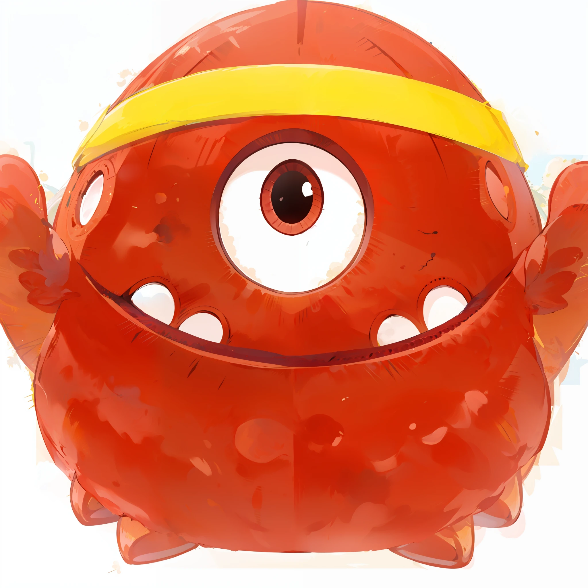 A red spherical monster with a yellow headband on its head, cute monster character design,, cute monsters, Apparition、, monster design, cartoon creature