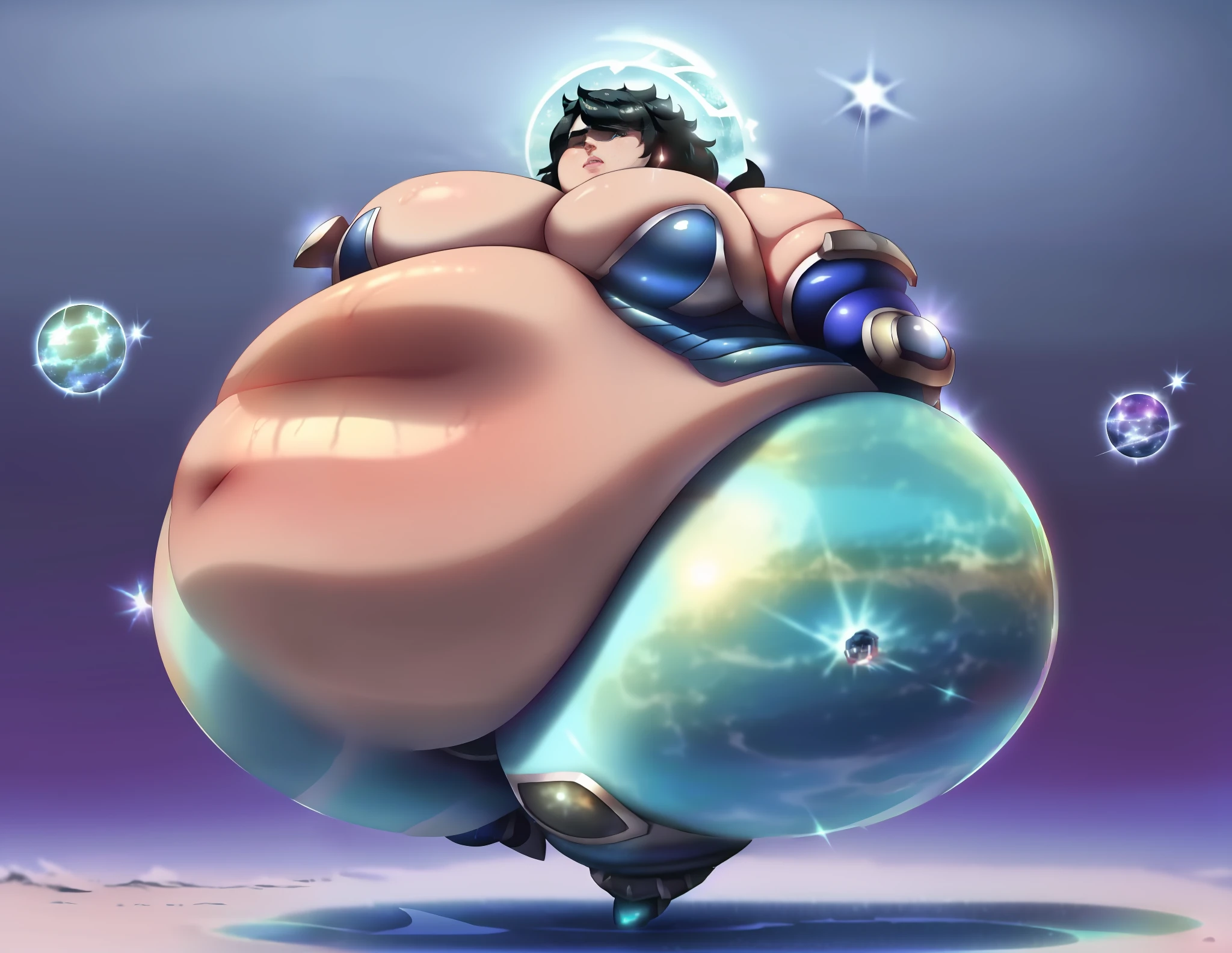 ((High resolution , High quality, High aesthetic , Masterpeice)) ((anime)),a man holding up armored Arm, phantasy star online, space armor, ,shiny armor, ((wearing White shining armor)) , ((navy blue robes with white accent)), ((black hair, Medium length, parted bang with Teal streaks!!)), Olive Skin , cyan eyes, (( one Armored Arm with a Space Pattern inside it )),(( fat)), (( large,Round Hyper belly)),((thick Thighs, Large Wide Hips , Fat Butt, )) ,fat face, ((Visas Starfrost)), expression(Serious, confused, looking down ,Grabbing belly)