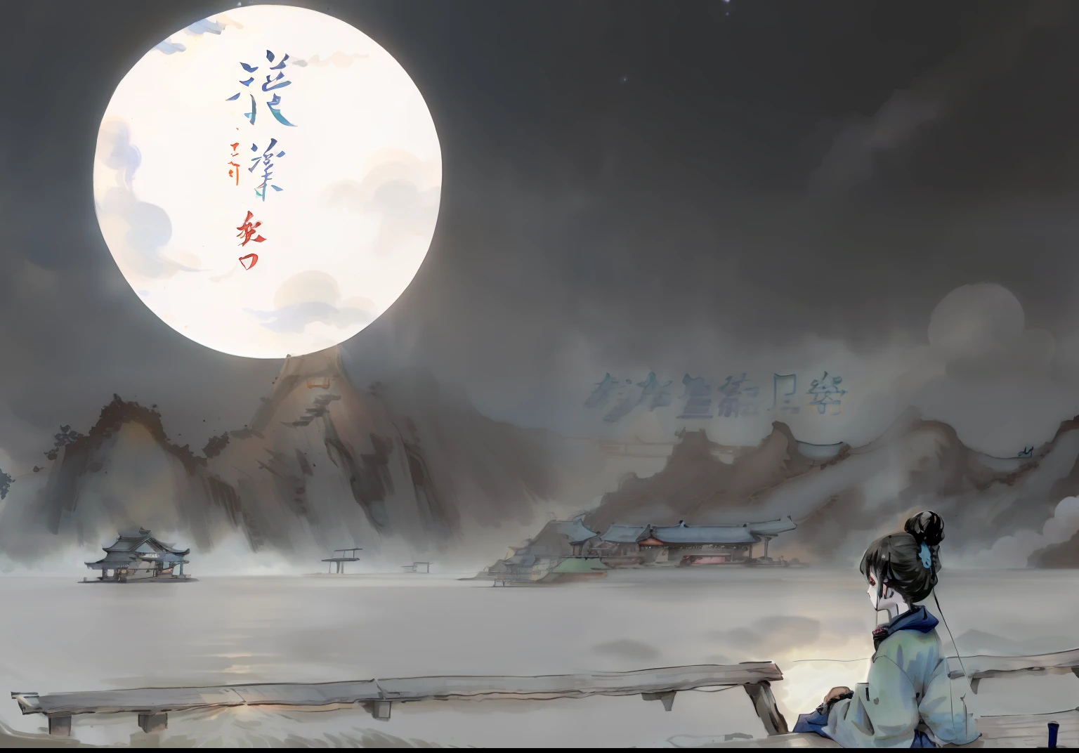 An anime scene of a girl sitting on a pier looking at the sky, 中 元 节, Chiba Yuda, Wang Chen, Cai Xukun, ☁🌪🌙👩🏾, novel cover, The tranquility of the endless stars, 中 国 鬼 节