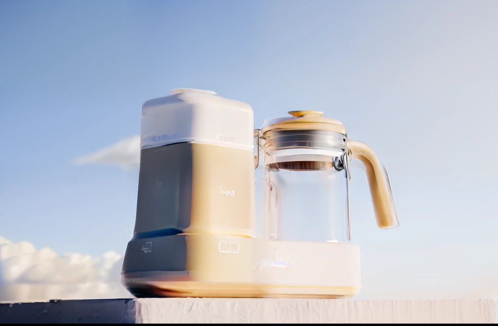 3C Design, no humans, sky, day, faucet, blue sky, outdoors, cup, cloud, english text