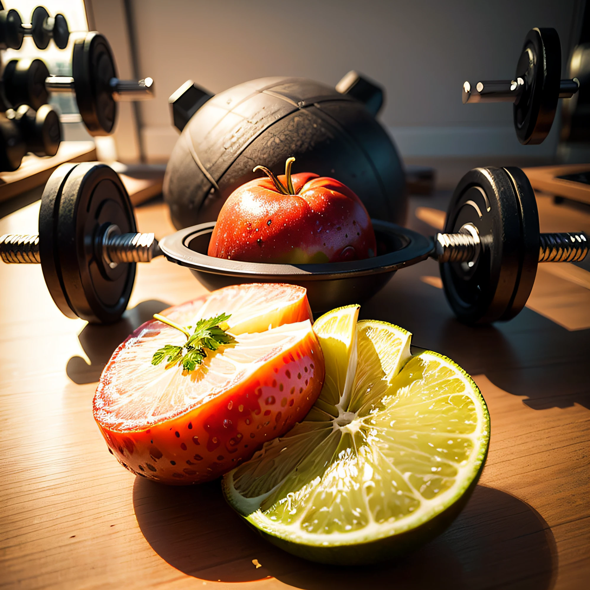 Generate an image that contains healthy food, bodybuilding weights. This image should be realistic, have bright colors, so that it is interesting and eye-catching. --auto