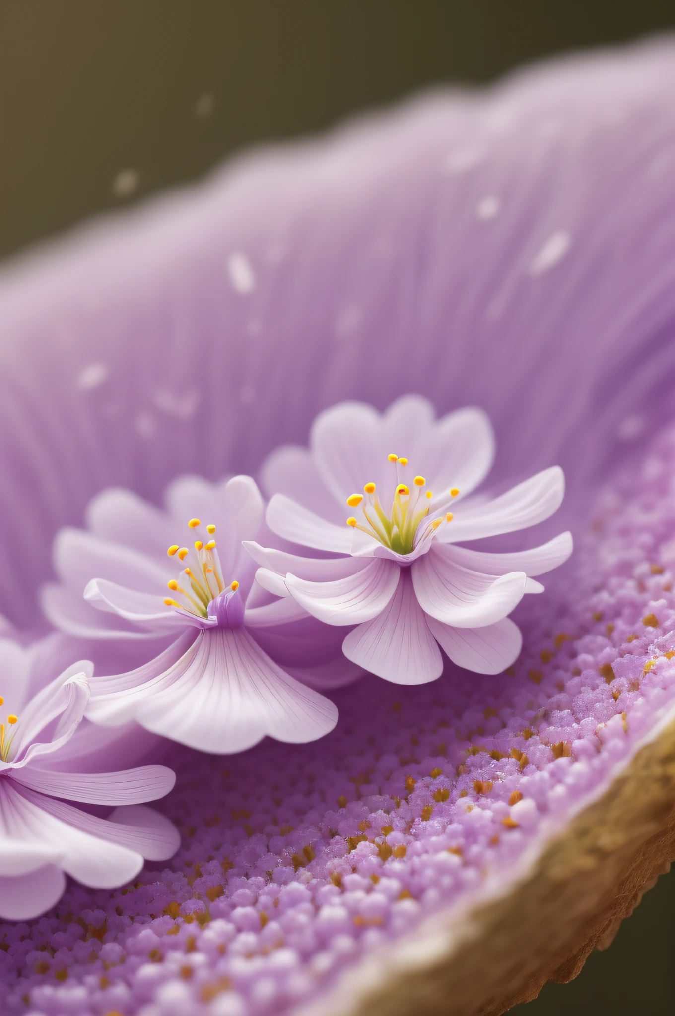 ((masterpiece)), ((detailed)), ((best quality)), (high resolution), Inspired by Miki Asai's macro photography, create a detailed close-up of purple and white fungus