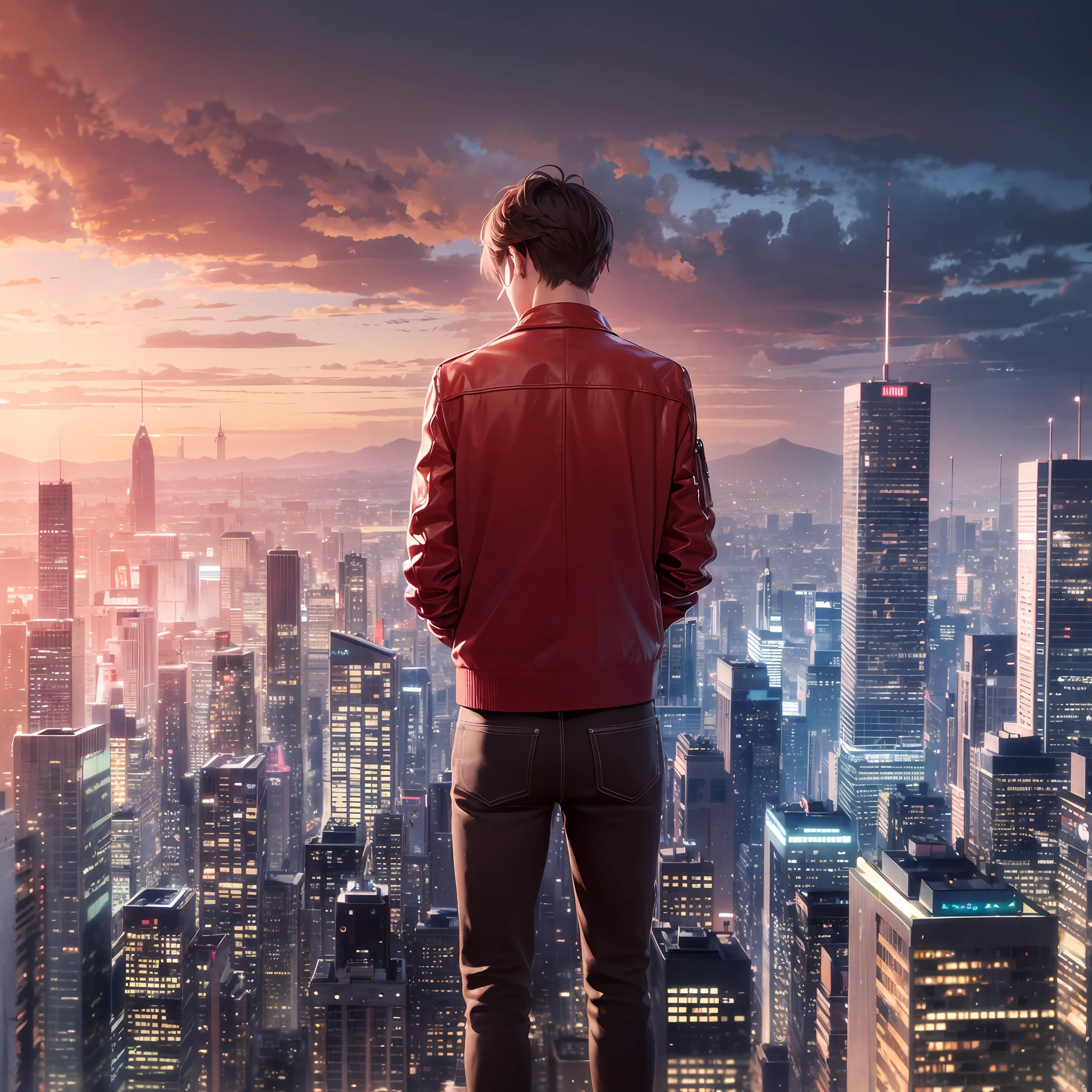 masterpiece, best quality, high quality, extremely detailed CG unit 8k wallpaper a beautiful landscape paiting oil, award-winning photography, Bokeh, depth of field. Tokio futuristic man in red jacket smoking --auto --s2