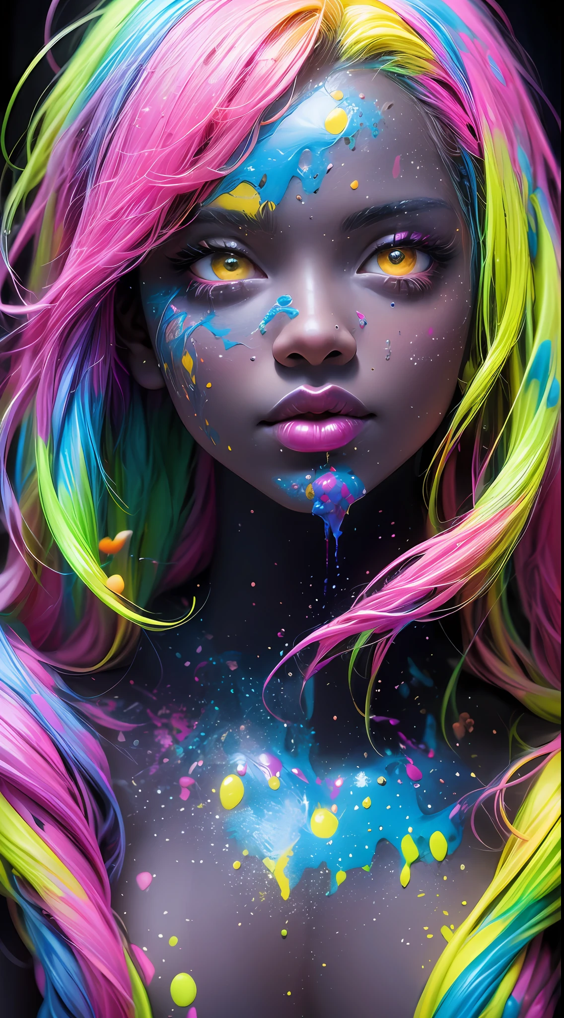 salpicos de cores，Paint splashing，Captivating psychedelic surreal neon amazing universe beautiful gorgeous women in a bright colorful neon light，Mark Reiden、daniel merriam、Bright neon colors in the style of Frank Frazetta and Boris Vallejo, 、photohyperrealistic, trippy,  ornate, beautiful, fine Detail, Intricate detail, Hyper detailed, oil painting, intricate colors,