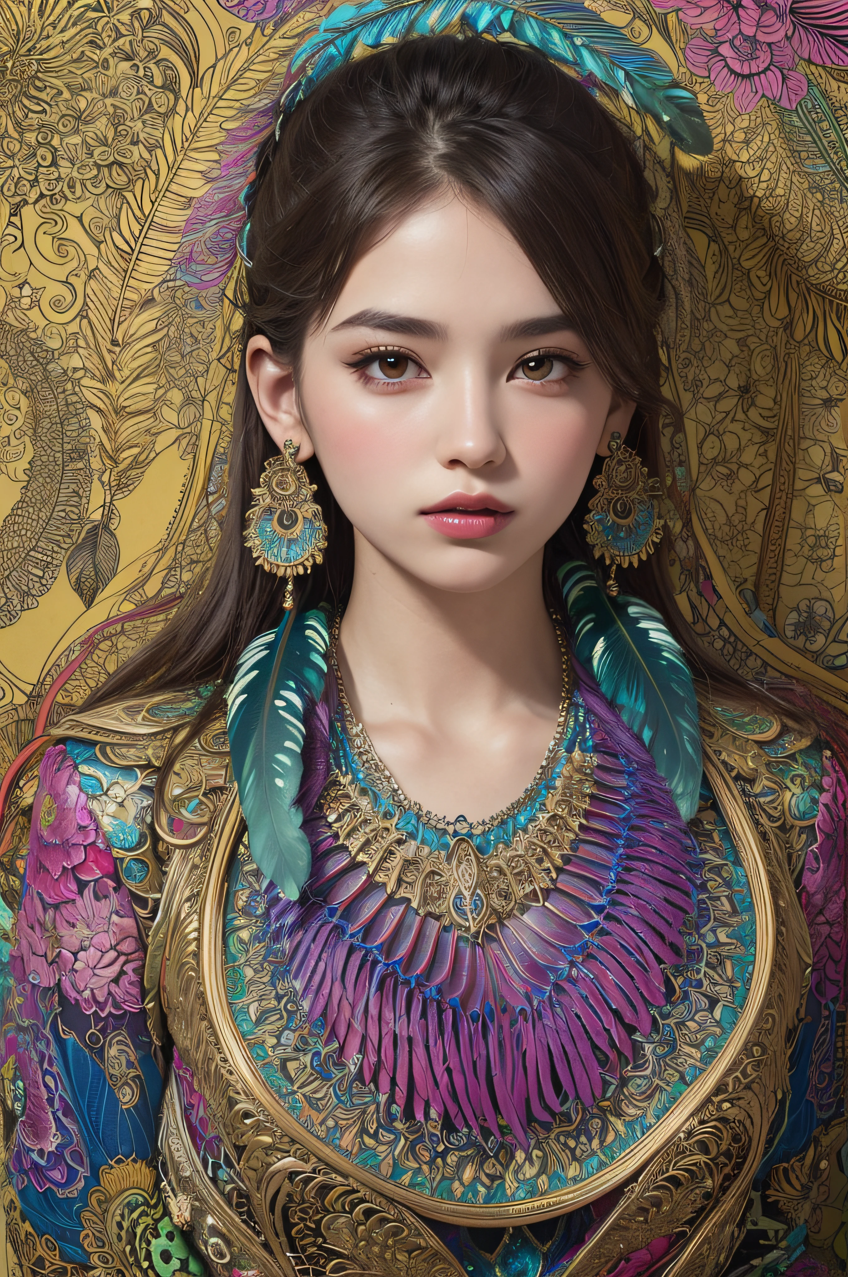 (masterpiece, top quality, best quality, official art, beautiful and aesthetic:1.2), (1girl:1.3), extremely detailed,(fractal art:1.1),(colorful:1.1)(flowers:1.3),highest detailed,(zentangle:1.2), full body, (abstract background:1.3), (shiny skin), (many colors:1.4), ,(earrings), (feathers:1.5),