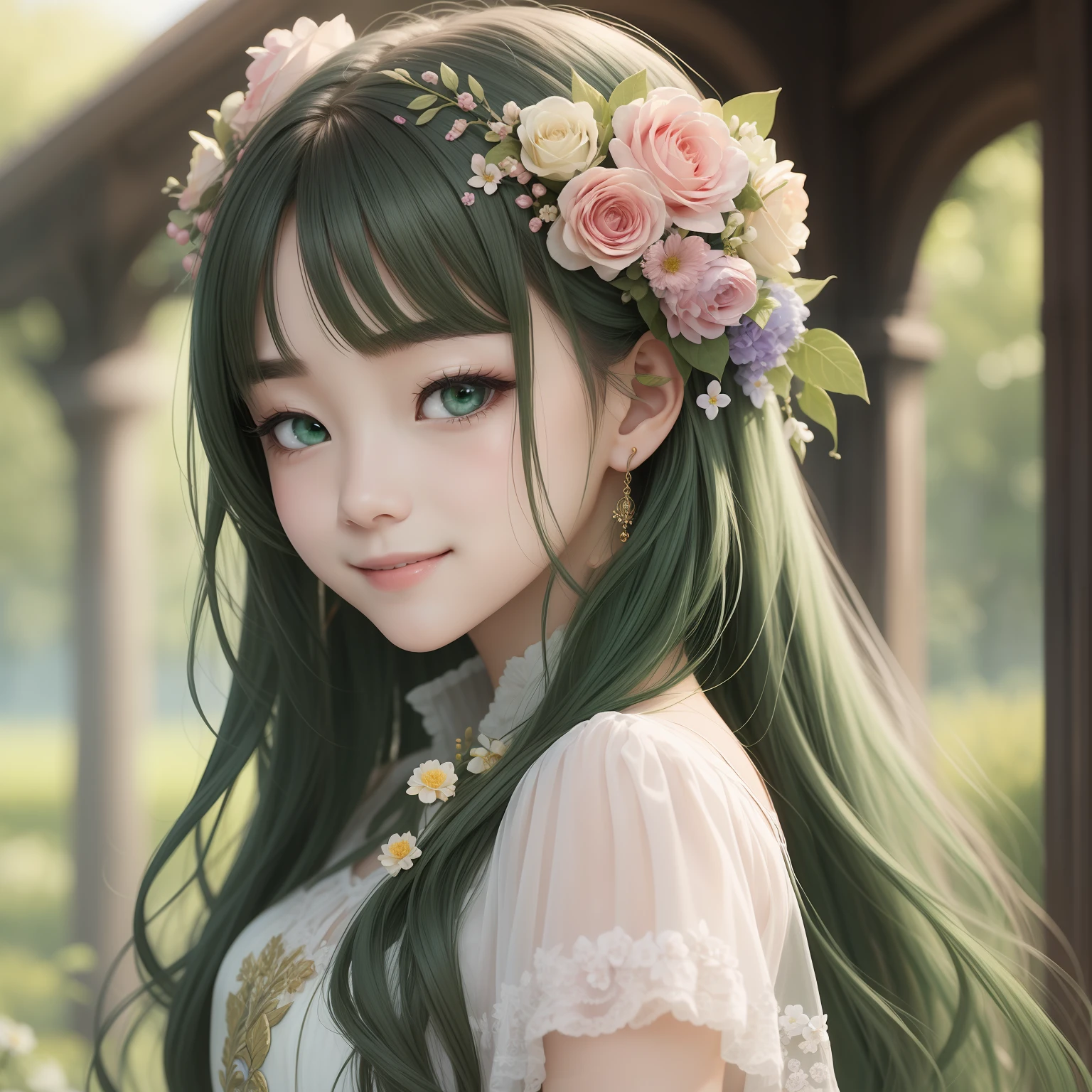 (MASTERPIECE)8K解像度、Beautiful girl loving flowers、brond、long hair、Floral hair ornament on the head、Green eyes、adorable face、smile、model style、Fantasy style、