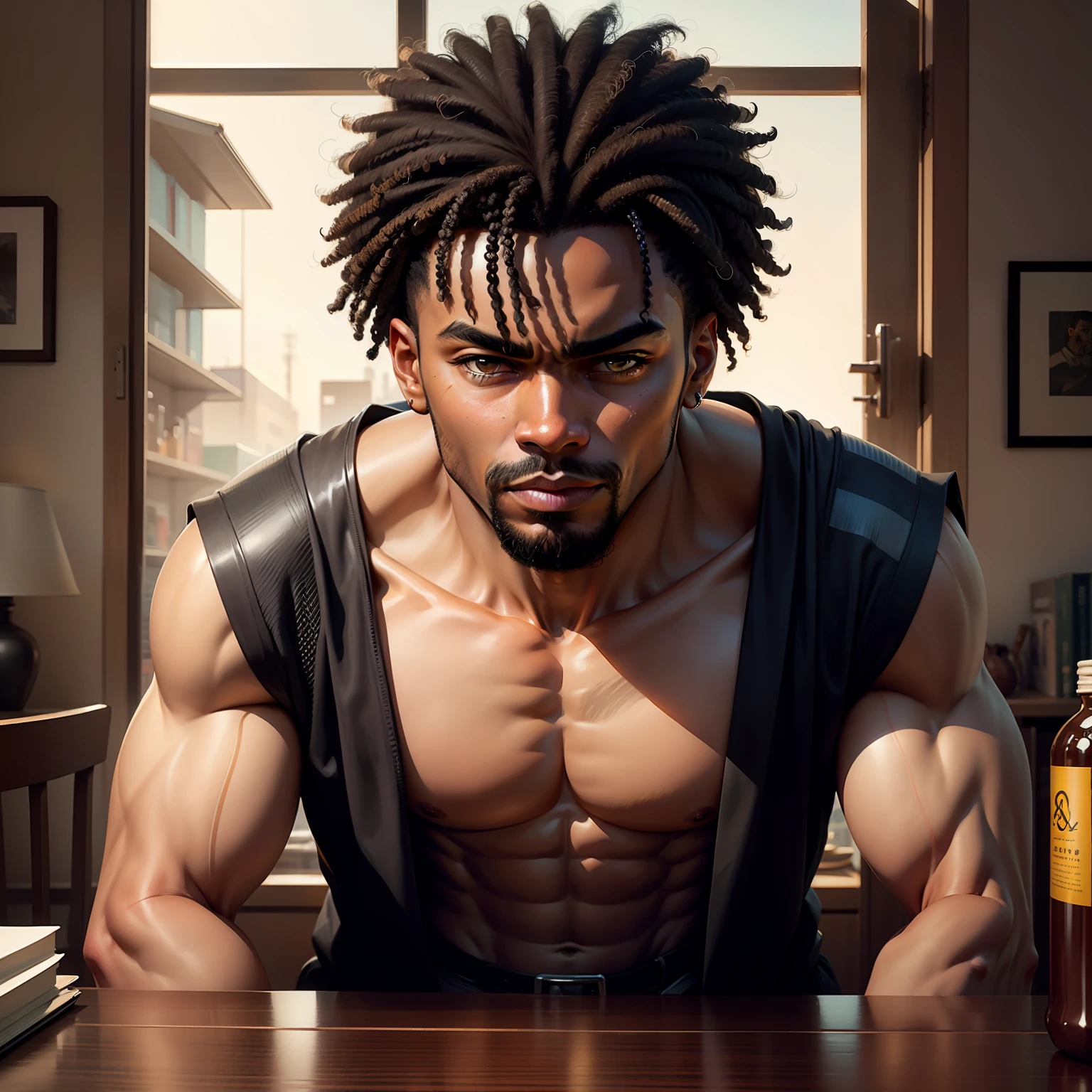 (obra prima, best qualidade:1.2), Tom de pele mais escuro.
Textura do cabelo encaracolada, cacheada ou crespa.
Fuller lips.
Narizes mais largos.
Prominent cheekbones.
Dense bone structure.
Estaturas variadas.Michael B. Jordan
Idris Elba
Chadwick Boseman
John Boyega
Mahershala Ali
Trevante Rhodes
Kofi Siriboe
Winston Duke
Sterling K. Brown
Jussie Smollett
Formatos corporais diversos.
Unique body proportions.
Variedade de tons de pele dentro da etnia africana. cabelos afro estilo anime, manga style, personagem masculino, roupa ninja, shinobi, espadas nas costas, sol ao fundo, sol plano de fundo, berserk Style, Kentaro Miura Style, (Melhor Detalhe) (Melhor Qualidade), detailed facial features, there is a man smiling at the camera, Grimjo Jaegyaks, botas pretas, luz natural, ceu azul, olhos irritados, sorrir, staring at the audience, corpo inteiro, Foco masculino, strong muscles, ((Ultra-detalhado]], --auto