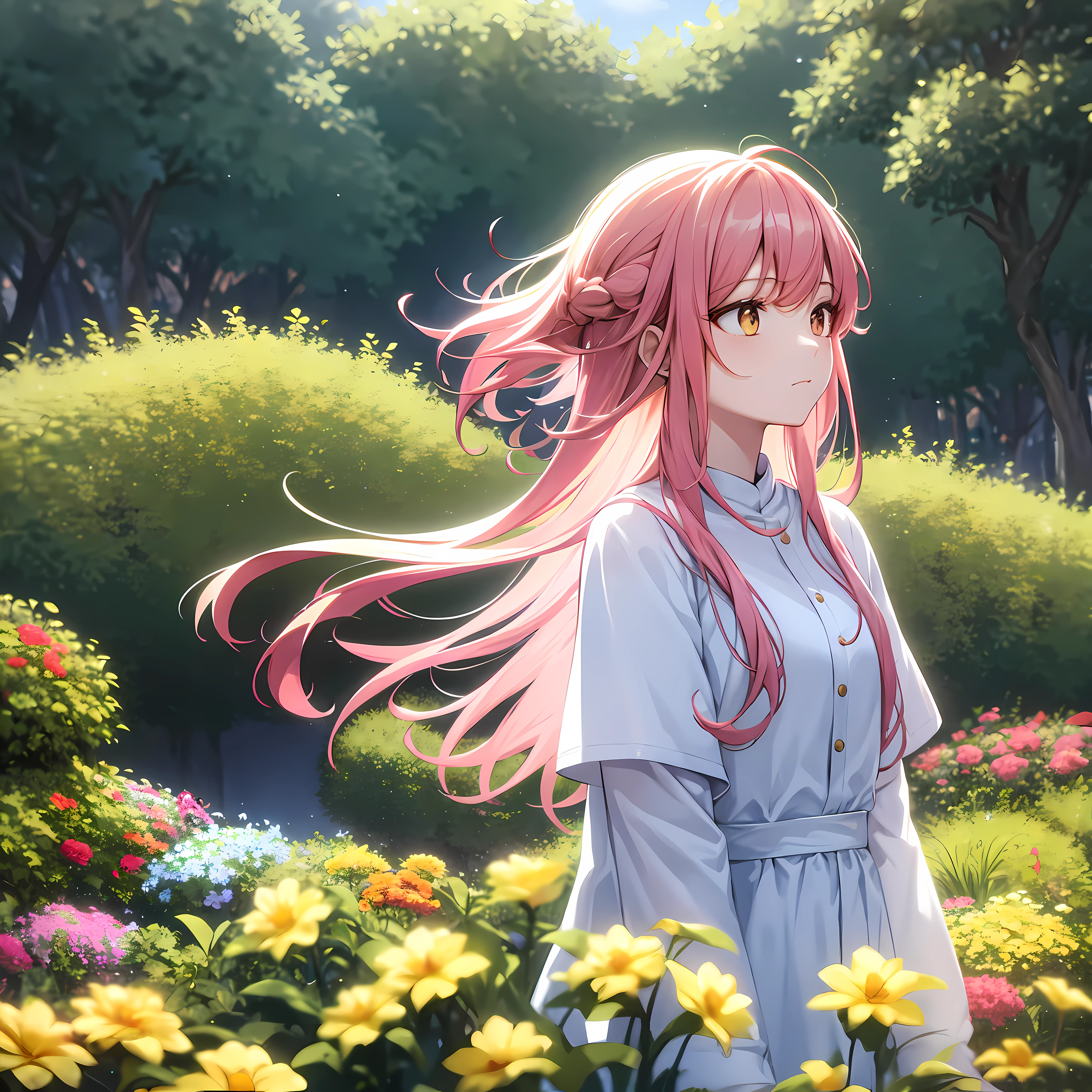 (((best quality))), masterpiece, Fuxuan, pink hair, gold eyes,white clothes, looking up, upper body,hair strand,Fair skin, garden background, Aesthetic