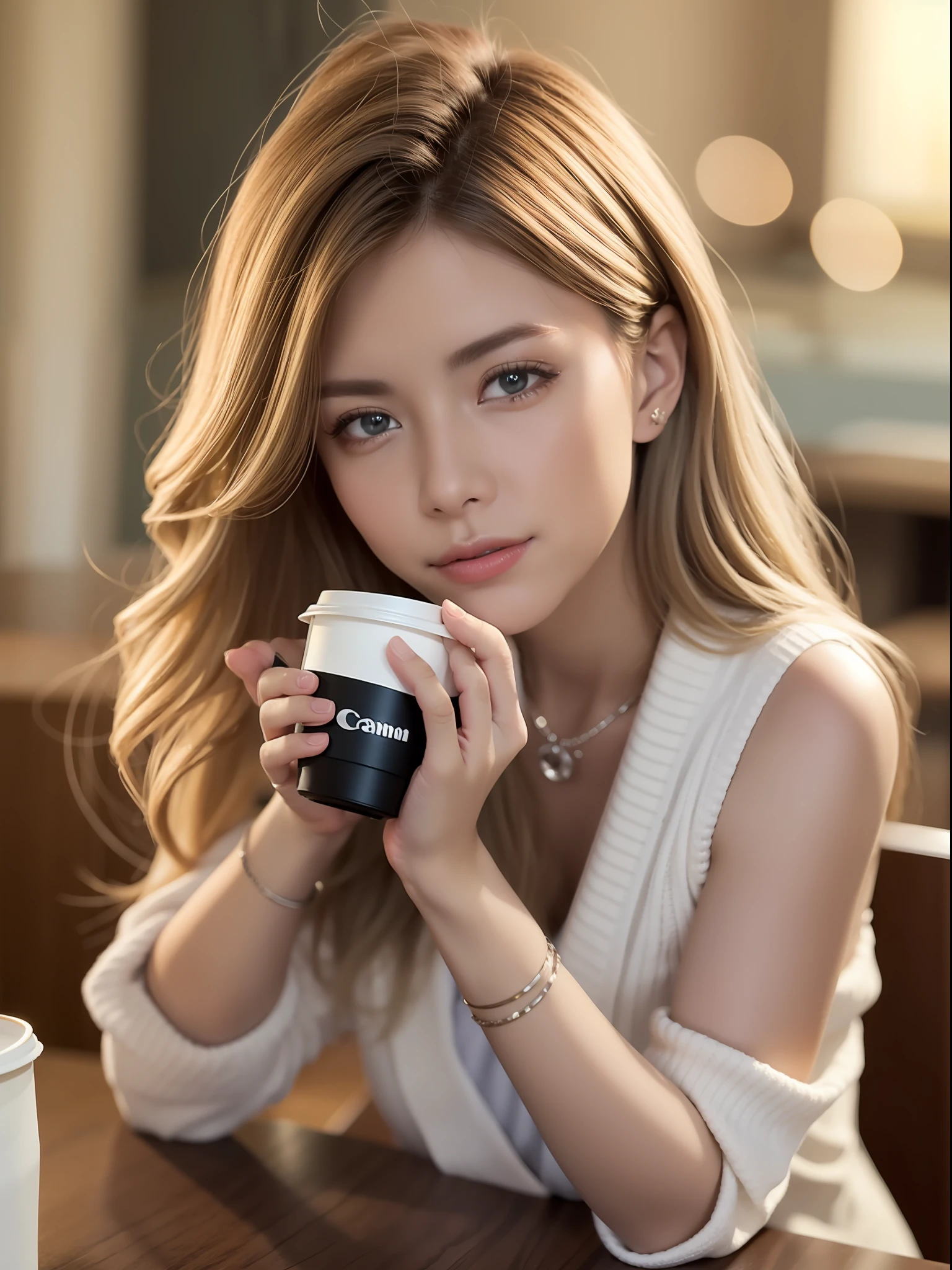 cute beautiful blonde wearing yellow sweater (drinking coffee inside a modern cafe at sunset), very detailed, 21 years old, inoccent face, natural wave hair, blue eyes, high-res, masterpiece, best quality,intricate details, highly detailed,sharp focus, detailed skin,realistic skin texture,texture, detailed eyes, professional, 4k, charmer smile, shot on Canon, 85mm,shallow depth of field,kodak vision color, perfect fit body, extremely detailed, photo_\(ultra\), photorealistic, realistic, post-processing, max detail, roughness, real life, ultra realistic, photorealism, photography, 8k uhd, photography