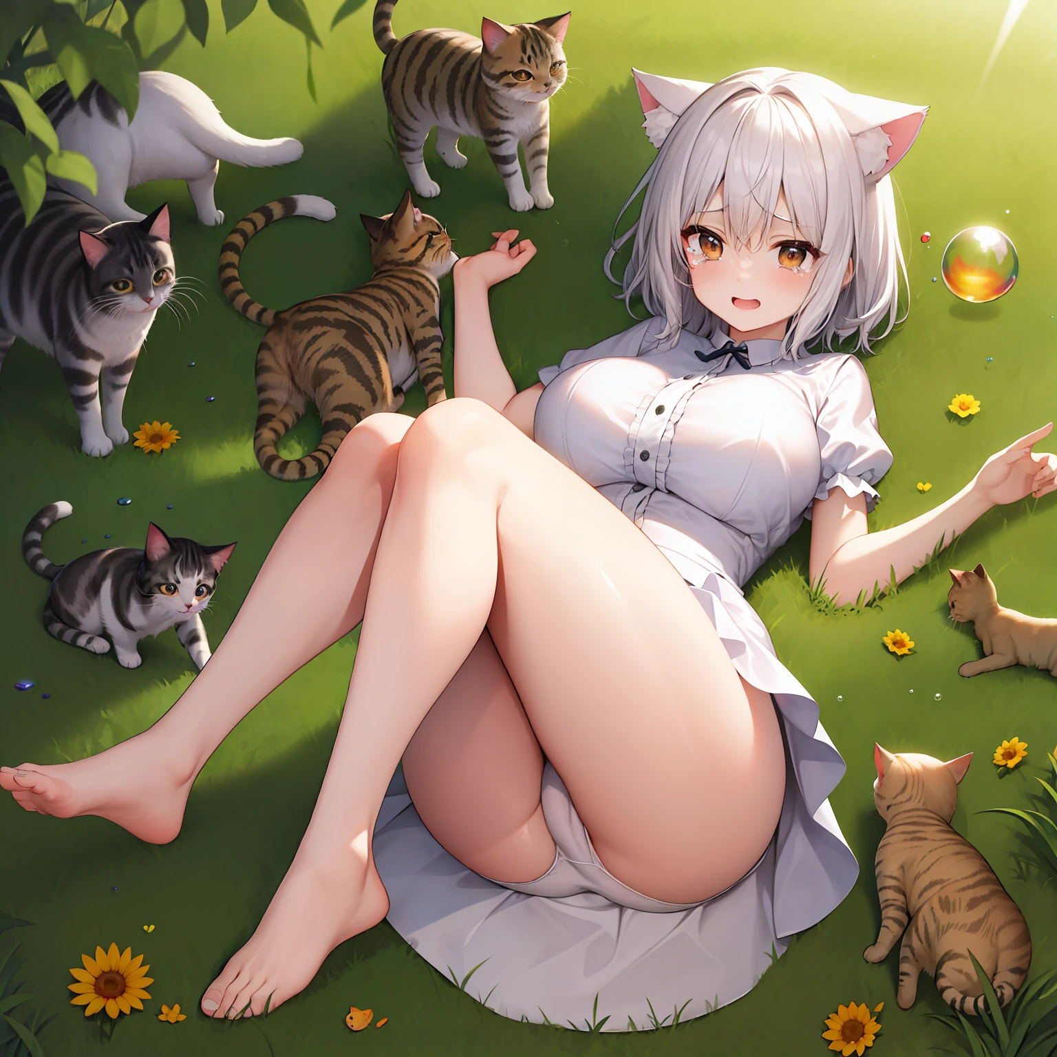 （the best quality t），（Very Detail），（master masterpiece），（Hyper detailed），（absurds），（（（artbook））），（（8k_wallpaper）），Huge Ass，bare thighs，Gigantic breasts，barefeet，1girl，solo、animal ears、Kittens、barefeet、Cat Ear、short Sleeves、grass field、ple short hair、Sorrisos、White Hair、Puff sleeves、White dress、neito、rays of sunlight、BROWN EYES、Mottled sunshine、petite、out door、Bubble short sleeves、hair bangs, All body, Tears, Crys, Kittens, Underwear with white pattern