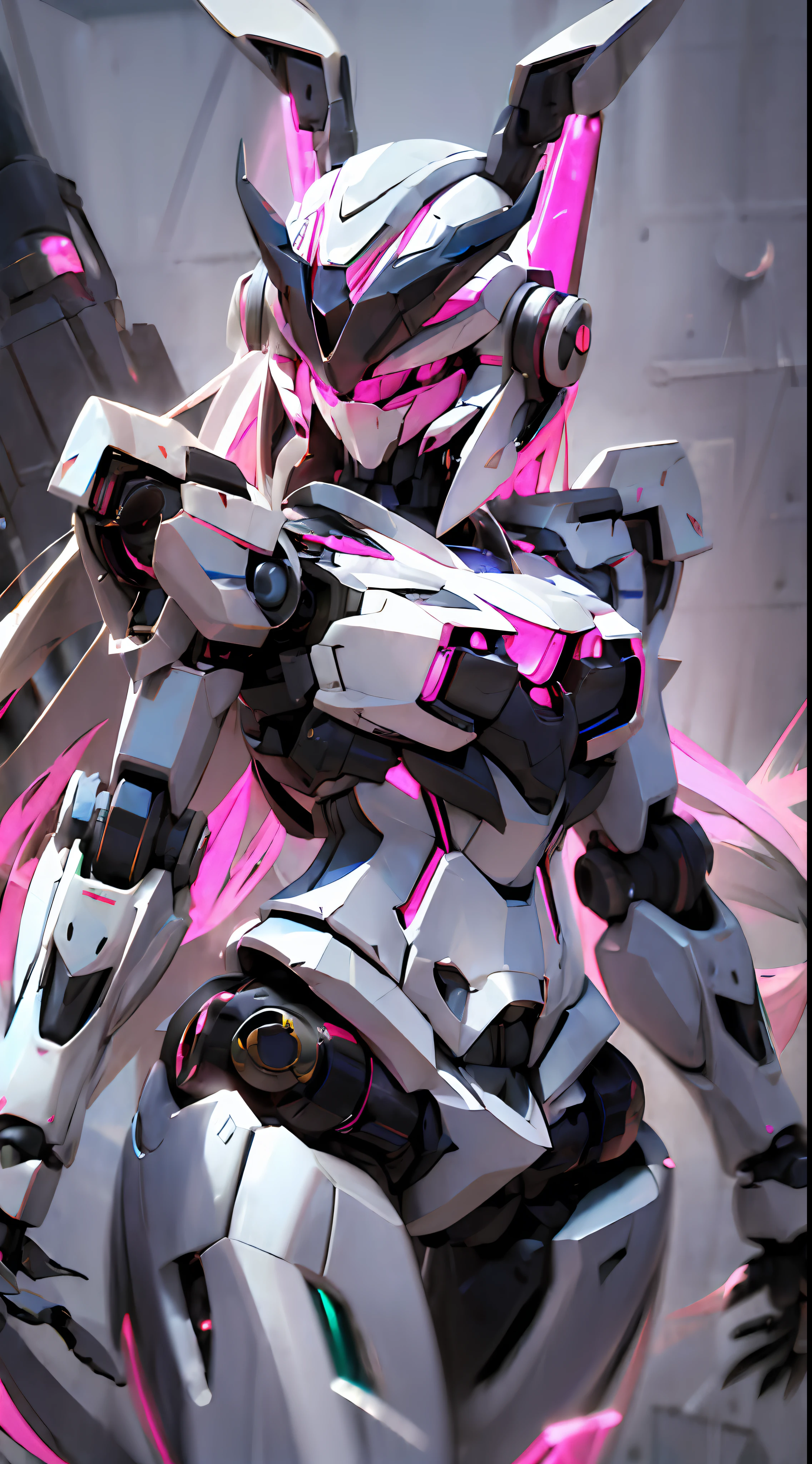 a (robot:1.6) with sleek and menacing design, glowing eyes, long hair, asymmetric body, highly detailed, 1girl, love, cute,rabbit ears,pink mecha