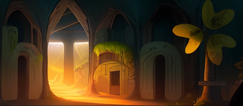 (Masterpiece), (best quarity) digital paintting,A jungle trail leads to a vertical cliff,Rise from the jungle floor,There is a door inside, Created in Unreal Engine,Achieve surreal results. The fantasy atmosphere is heightened with cinematic lighting, adding a sense of darkness and mystery